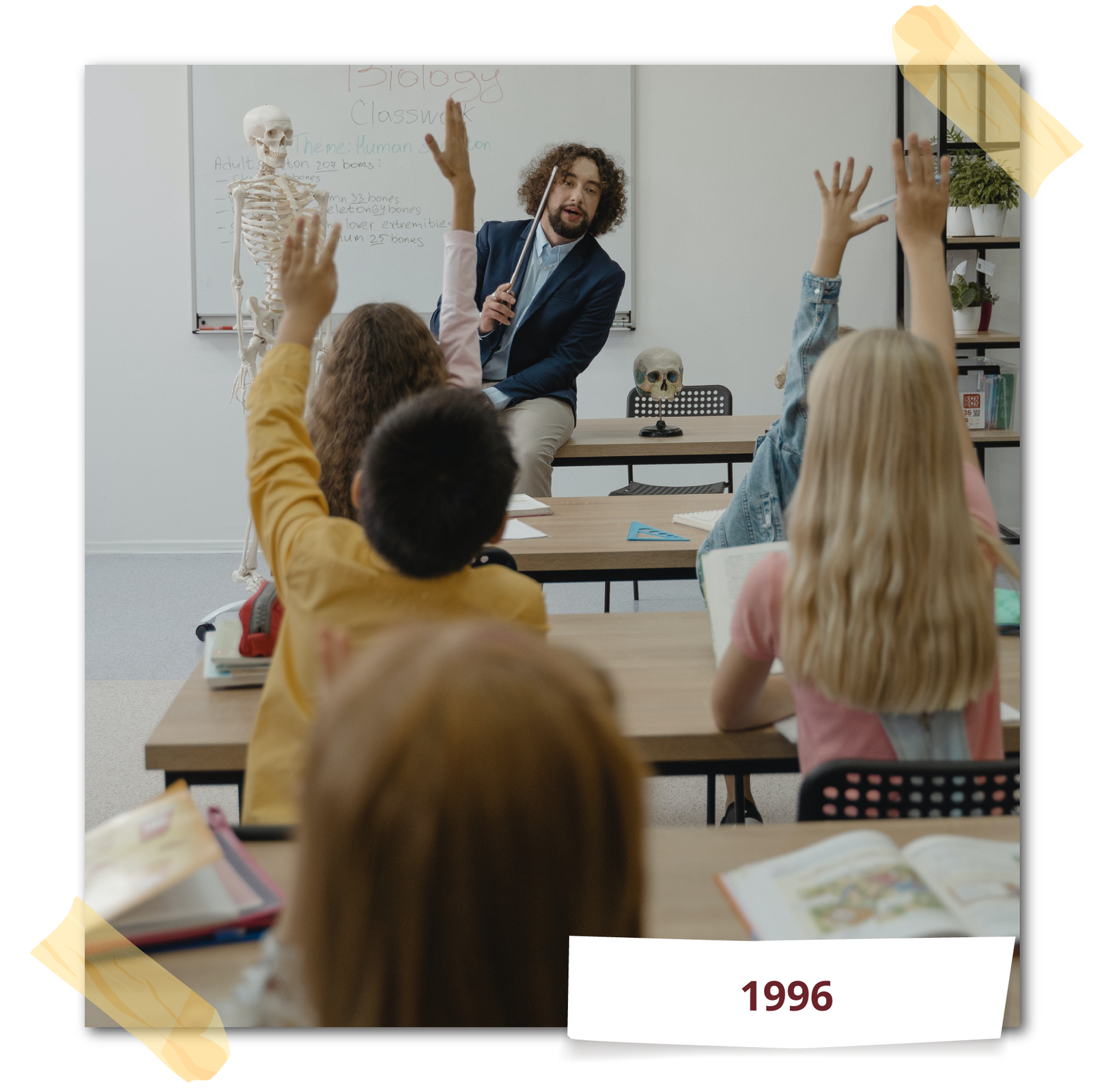 Ilustracja przedstawia uczniów w klasie, którzy podnoszą ręce. Na biurku siedzi nauczyciel ze wskaźnikiem w ręce. Obok niego model szkieletu, w tle tablica. Rok: 1996.