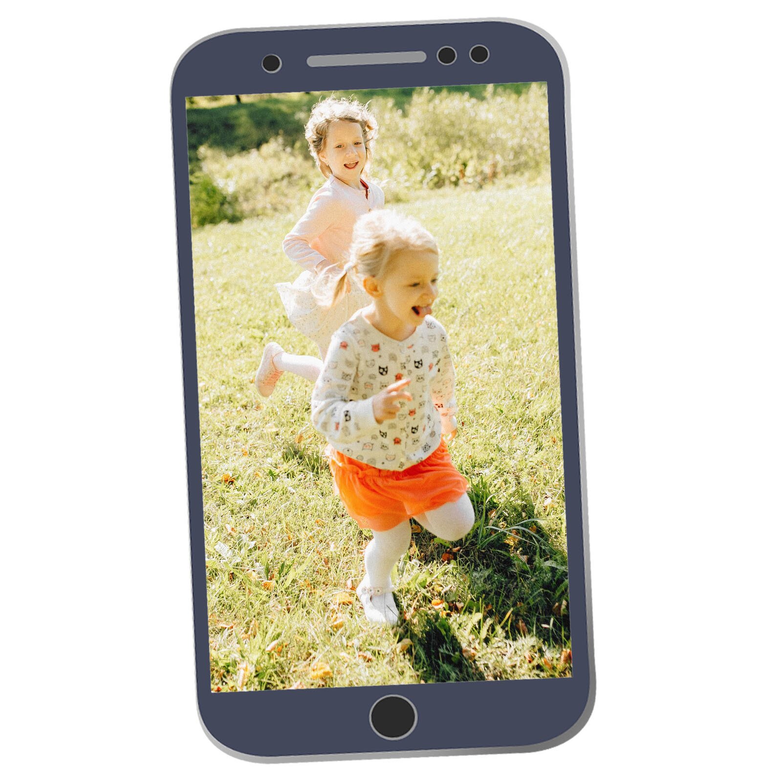 Ilustracja przedstawia dwie dziewczynki biegające po trawie. Jest ciepło, świeci słońce.