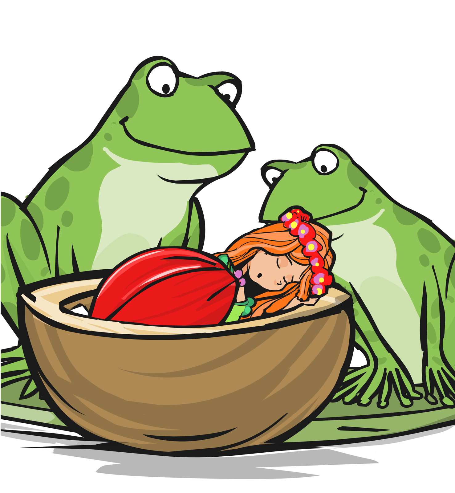 Kolorowy rysunek przedstawia dwie zielone żaby, przyglądające się ślicznej dziewczynce, śpiącej w łupinie z orzecha. Dziewczynka ma na głowie wianek z kwiatków i nosi sukienkę z płatków róży.