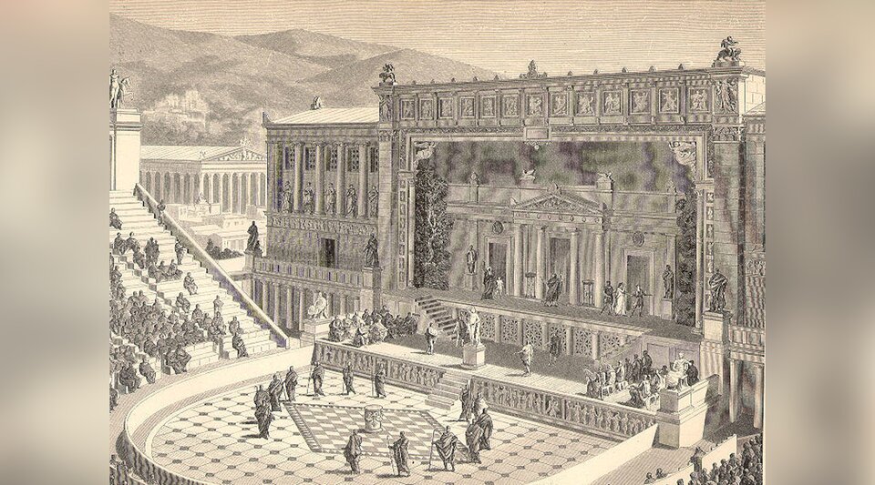 Rycina przedstawia scenę teatru antycznego na świeżym powietrzu. Na scenie są aktorzy. Odbywa się przedstawienie. Na widowni siedzą ludzie. W oddali widoczne są wzgórza.