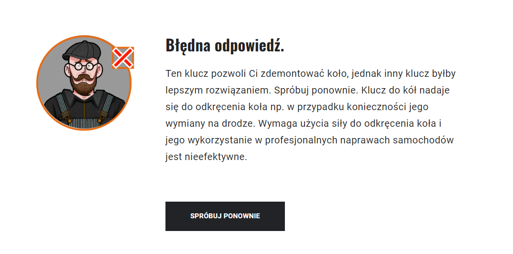 Przykładowy komunikat o błędnej odpowiedzi w grze