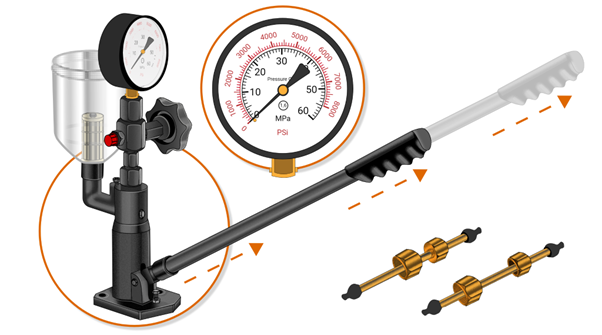Grafika przedstawia przykładowe narzędzie pomiarowe, tak zwany tester wtryskiwaczy. Składa się on z zegara pomiarowego, pojemnika, pokrętła i wajchy.