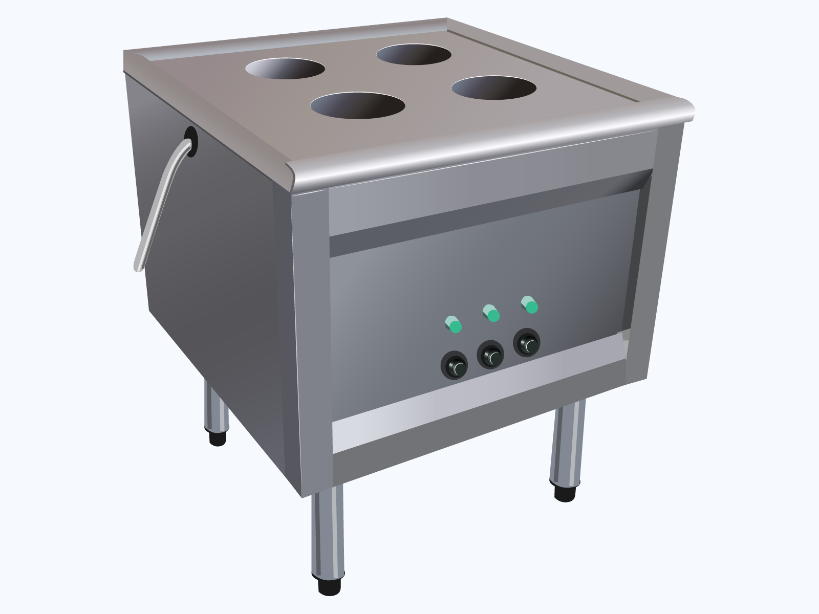 Ilustracja przedstawia streamer, który kształtem przypomina sześcian z metalowymi nóżkami. Na froncie znajdują się  trzy pokrętła oraz nad nimi trzy zielone diody. Na blacie urządzenia znajdują się cztery otwory. Z boku urządzenia biały kabel. 
