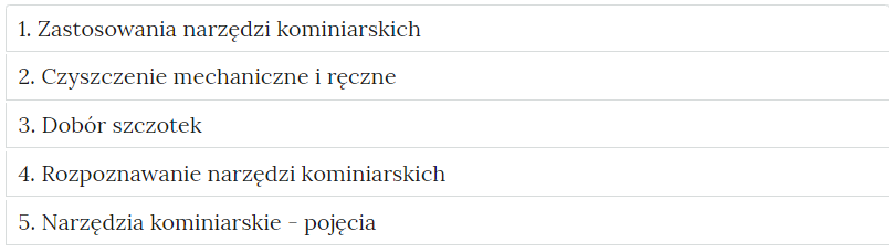 Grafika przedstawia przykładowy wygląd zakładek zawierających interaktywne materiały sprawdzające. Są one prostokątne i umieszczone jedna pod drugą. Każda zakładka ma numer oraz tytuł nawiązujący do ćwiczenia.