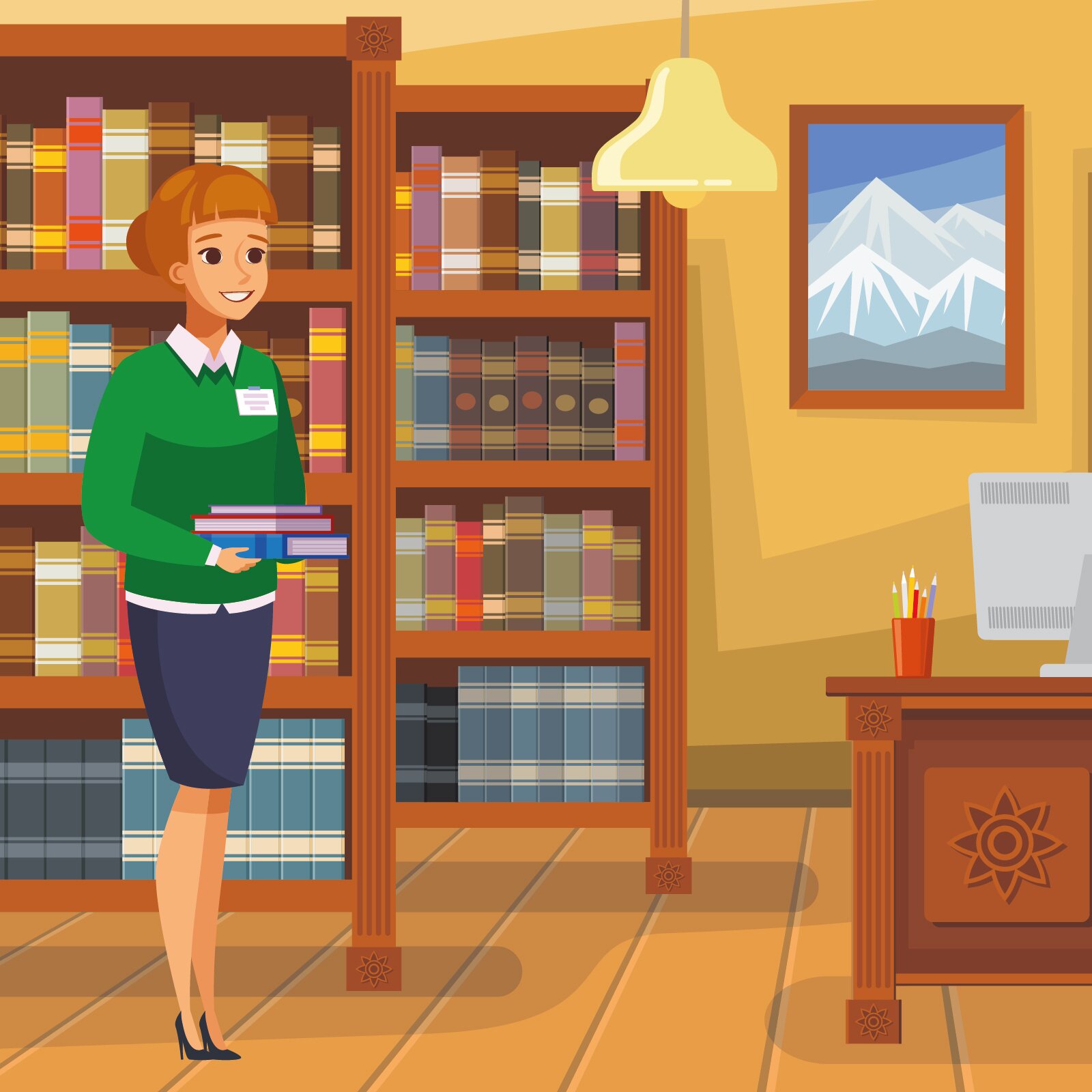 Ilustracja przedstawia krótkowłosą bibliotekarkę w zielonym sweterku i koszuli z kołnierzykiem, krótkiej spódniczce i szpilkach, trzymającą stosik książek. Na piersi przyczepiony ma identyfikator. Za kobietą znajdują się regały wypełnione książkami. W tle na ścianie wisi obraz ośnieżonych szczytów górskich. Po prawej stronie, widoczny jest fragment zdobionego biurka, z laptopem i kubkiem długopisów.