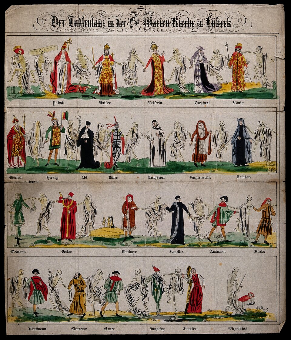 Ilustracja przedstawia osoby różnych stanów i zawodów, które trzymają się za ręce z ludzkimi szkieletami, tworząc korowód. Postacie przedstawione są na czterech poziomach. Pierwszy poziom otwierają dwa kościotrupy, pierwszy z nich trzyma fujarkę i przygrywa idącym w szeregu, drugi trzyma trumnę. Za nimi idą cesarz, król, królowa, kardynał, biskup. Na drugim poziomie znajdują się duchowni, rycerze, bogaci kupcy. Na trzecim przedstawiciele różnych zawodów: lichwiarz, komornik, lekarz. Na czwartym chłopi i przedstawiciele najniższego stanu. Korowód zamyka śmierć z kosą stojąca nad kołyską dziecka.