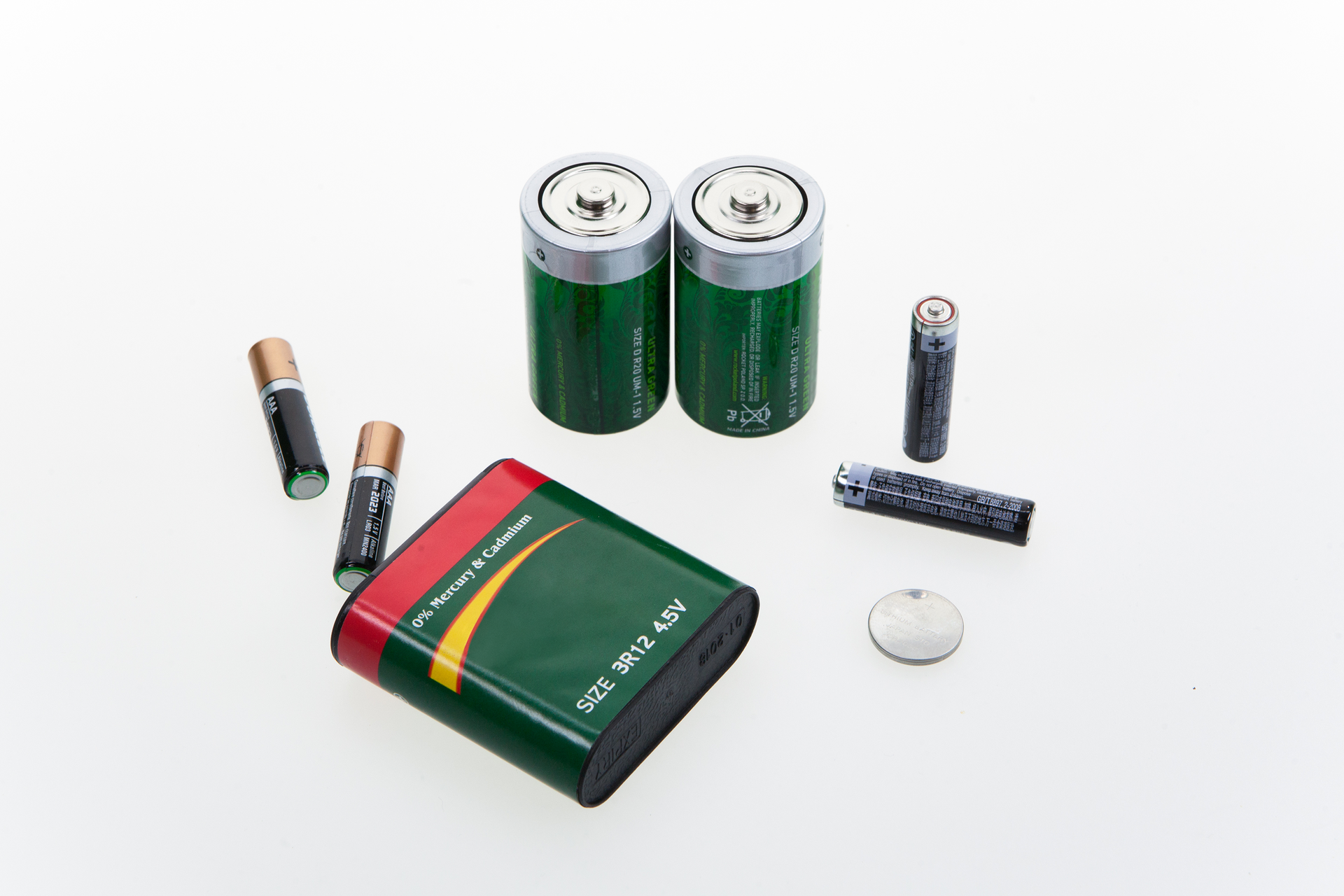 Zdjęcie przedstawia różnego rodzaju baterie na białym tle. Widać tu klasyczne paluszki, czyli baterie AA i AAA, większe baterie R20 i baterię płaską starego typu, a także baterię typu mini do kalkulatorów i innych małych urządzeń.