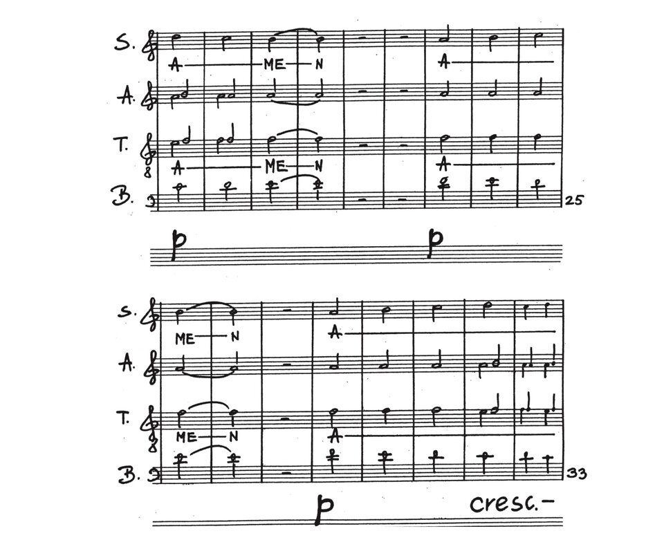 Ilustracja przedstawia zapis nutowy utworu Amen Henryka Mikołaja Góreckiego.Utwór zapisany jest na cztery głosy chóralne: sopran (S.), alt (A.), tenor (T.) i bas (B.). Tenor zapisany jest w kluczu wiolinowym z ósemką (oktawa niżej). Partytura jest rękopiśmienna. Utwór rozpoczyna się w metrum 2/4, z tempem Lento e tranquillo. W dalszej części pojawia się zmiana tempa na poco avanti z oznaczeniem espressivo. Jedyne słowo to „Amen", rozbite sylabicznie na „A–ME–N", powtarzane przez cały utwór we wszystkich głosach. Utwór rozpoczyna się w dynamice piano, następnie w okolicach taktu 33 pojawia się crescendo, które prowadzi do fortissimo osiągniętego około taktu 57–65. Końcowy fragment (ostatnia strona) przynosi wyciszenie przez mezzo forte do piano, zamykając utwór spokojnie. Początkowo faktura jest prosta, oparta na długich wartościach nutowych (półnuty, całe nuty) z pauzami. W miarę rozwoju utwór zagęszcza się i pojawiają się krótsze wartości, chromatyczne alteracje (krzyżyki) oraz coraz gęstsze współbrzmienia we wszystkich głosach równocześnie. Rytmika jest jednorodna i powtarzalna, oparta na stopniowych przekształceniach tego samego motywu.