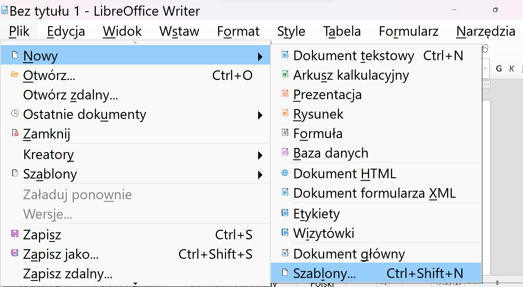 Zrzut okien procesu tworzenia dokumentu na podstawie szablonu w programie LibreOffice Writer. Dostępne zakładki Plik, Edycja, Widok, Wstaw, Format, Style, Tabela, Formularz, Narzędzia. W rozwiniętej zakładce Plik dostępne są opcje: Nowy, Otwórz, Otwórz zdalny, Ostatnie dokumenty, Zamknij, Kreatory, Szablony, Załaduj ponownie, Wersje, Zapisz, Zapisz jako oraz Zapisz zdalny. Wybrana zakładka Nowy pokazuje menu możliwością wyboru Dokument tekstowy, Arkusz kalkulacyjny, Prezentacja, Rysunek, Formuła, Baza danych, Dokument HTML, Dokument formularza XML, Etykiety, Wizytówki, Dokument główny, Szablony. Zaznaczone są Szablony. 