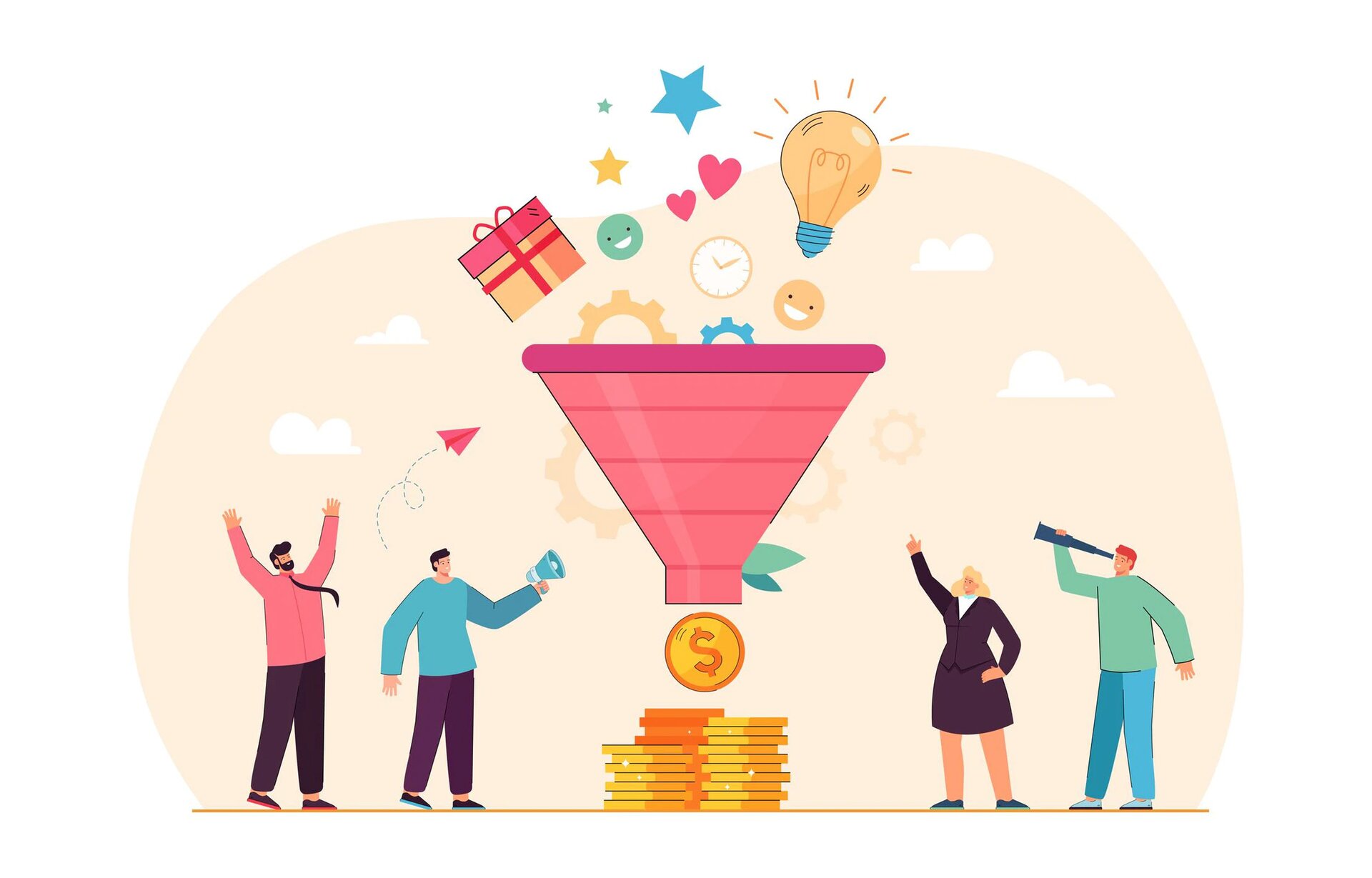 Ilustracja przedstawia cztery postacie, które stoją wokół dużego lejka, do którego wpadają różne emotikony takie jak: prezent, serduszko, gwiazdki, żarówka, uśmiechnięte buźki i koła zębate. Z dołu lejka widoczne są monety z symbolem dolara.  Pod zdjęciem transkrypcja[odtwórz]