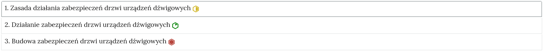 Grafika przedstawia zakładki, ułożone jedna pod drugą, zawierające interaktywne materiały sprawdzające. Każda z zakładek opatrzona jest tytułem, numerem oraz sześciokątem oznaczającym poziom trudności ćwiczenia.