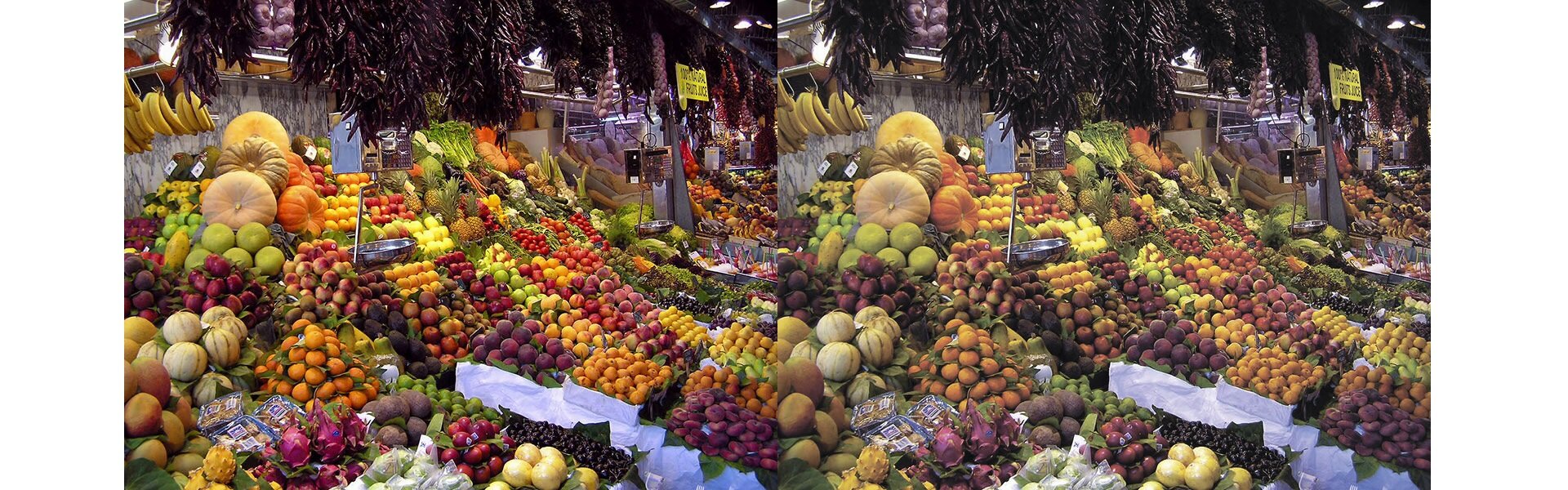 Różnice w wyświetlaniu na monitorze obrazu w RGB i CMYK. Można zauważyć, że obraz w RGB jest w barwach bardziej wyraźnych, natomiast w CMYK wygląda jakby za mgłą.