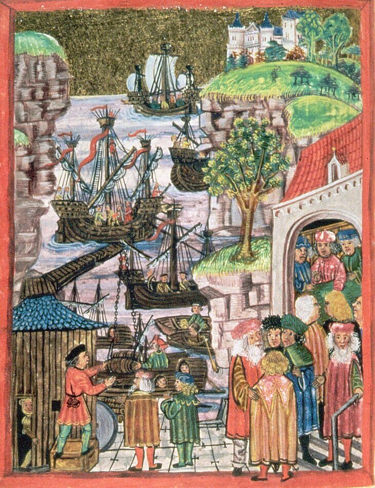 Ilustracja przedstawia zawarcie układu między Hamburgiem a Lubeką. Na pierwszym planie po prawej stronie jest brama, w której stoją szlachcicie. Z lewej strony z drewnianej budki wychodzą biedniejsi ludzie. Dalej znajduje się port, do którego zawijają drewniane statki. W tle znajduje się wzgórze z zamkiem otoczonym drzewami.