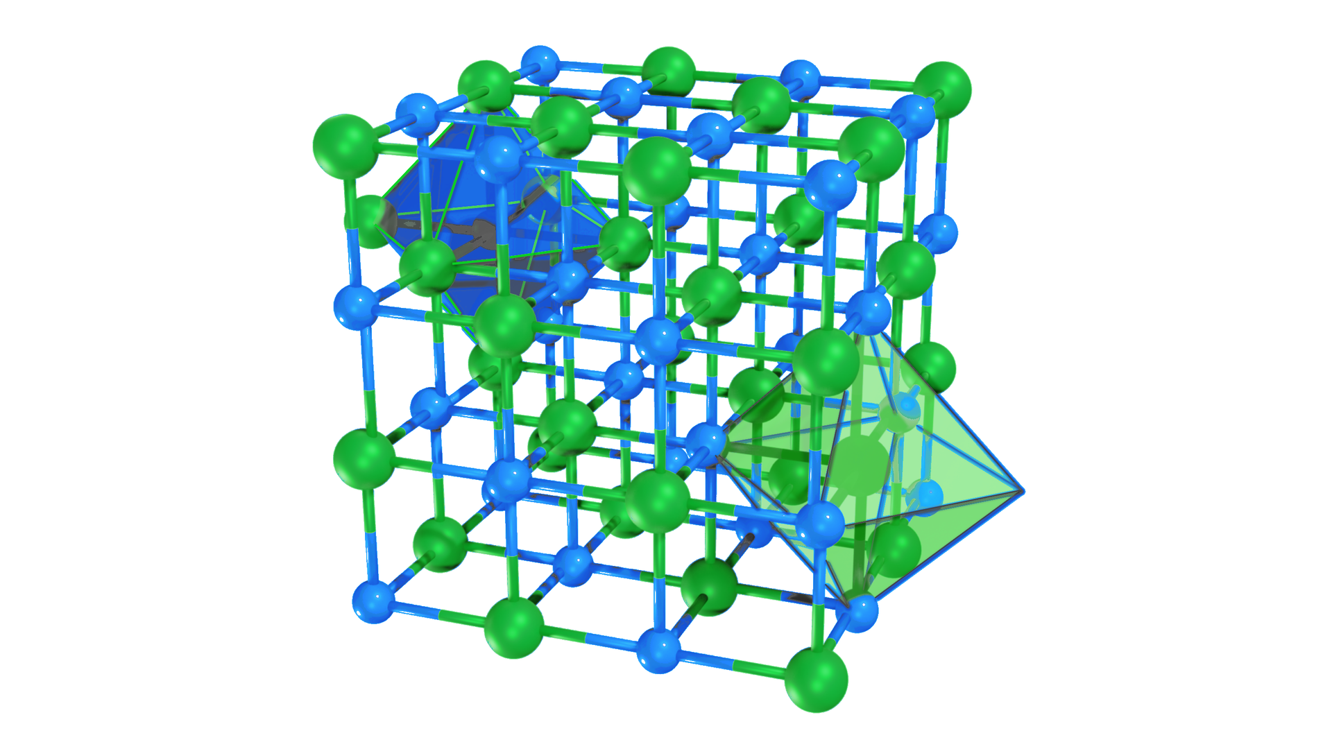 Ilustracja przedstawiająca fragment sieci krystalicznej chlorku sodu w układzie krystalograficznym sześciennym. Sieć przedstawiona jest w postaci większego sześcianu zbudowanego z dwudziestu siedmiu mniejszych sześcianów, w których narożach znajdują się atomy ułożone tak, że atom sodu łączy się z atomem chloru. 
