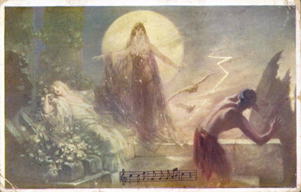 Ilustracja ukazująca przedstawienie Królowej Nocy z opery „Czarodziejski flet”. Na środku kompozycji znajduje się kobieta w powłóczystej sukni, na tle księżyca. Obok niej leży na kwiatach jasnowłosa, młoda dziewczyna. Na pierwszym planie, tyłem do widza stoi - mężczyzna, zasłaniający lewą ręką twarz przed blaskiem bijącym od kobiety. Na scenie znajdują się również dwa nietoperze. Z tyłu, na tle niebiesko-różowego nieba widać błyskawicę.