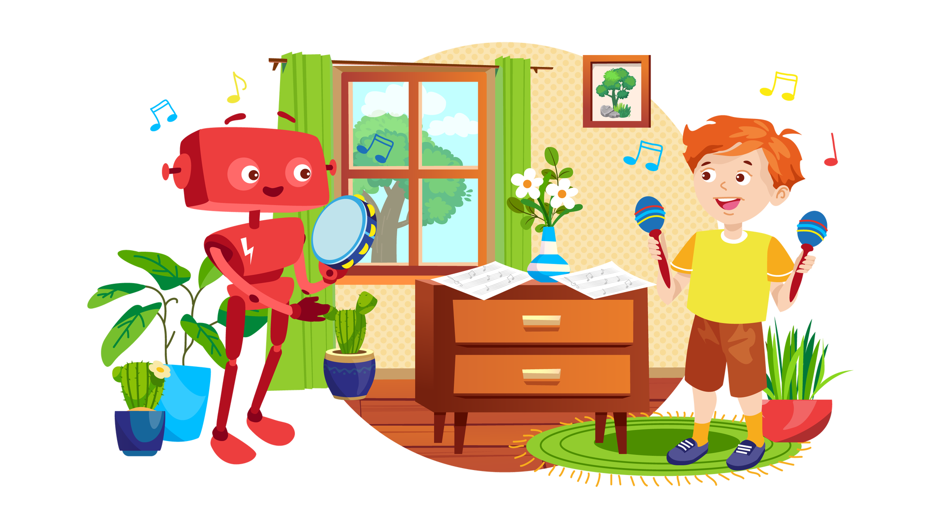 Ilustracja przedstawia pokój w domu Franka i Mai. W tle widać bladopomarańczową ścianę w kropki. Po prawej stronie wisi na niej obrazek w brązowej ramce, przedstawiający duże zielone drzewo, przy którym rośnie kępka zielonej trawy i leżą dwa szare kamienie. Na lewo od obrazka znajduje się brązowe okno, a nad nim cienki ciemnobrązowy karnisz z zawieszonymi na nim jasnozielonymi zasłonami, sięgającymi drewnianej podłogi. Przy lewej zasłonie, na podłodze, stoi zielony kaktus w granatowo‑beżowej donicy. Kolejny kaktus znajduje się po lewej stronie ilustracji, a przy nim duża zielona roślina w niebieskiej donicy. Obok roślin stoi uśmiechnięty Zgrzytek. W lewej dłoni trzyma niebiesko‑żółty tamburyn, na którym gra prawą dłonią. Nad głową robota widać trzy kolorowe nutki. Na środku ilustracji stoi brązowa szafka z dwiema szufladami. Na jej blacie są dwie kartki z zapisem nutowym oraz dwa białe kwiatki z zielonymi listkami w wazonie w niebiesko‑białe pasy. Po prawej stronie ilustracji leży na podłodze okrągły zielony dywan z pomarańczowymi frędzlami. Po prawej stronie stoi na nim zielona roślina w czerwonej donicy, a obok niej uśmiechnięty Franek. W dłoniach trzyma dwa instrumenty składające się z bordowej rączki zakończonej okrągłą granatową kulą ozdobioną dookoła czerwonym, błękitnym i żółtym paskiem. Są to marakasy. Nad głową chłopca widać trzy kolorowe nutki.