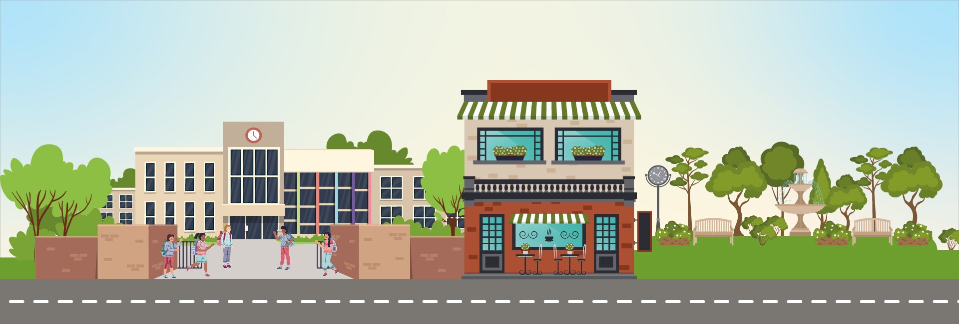 Ilustracja przedstawia długą drogę. Wzdłuż drogi biegnie szkoła, budynek restauracji oraz Park. Szkoła znajduje się obok restauracji. Restauracja znajduje się obok parku. 