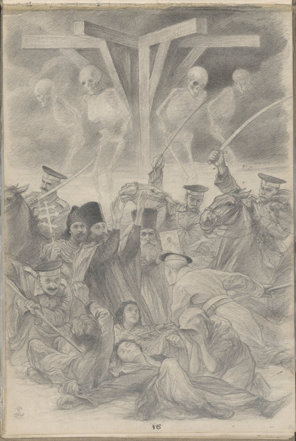 Ilustracja przedstawia scenę bitwy. Na pierwszym planie umundurowani mężczyźni dźgają bagnetami młodych mężczyzn leżących na ziemi. Dalej klęczą dwaj duchowni prawosławni. Jeden unosi ręce i szeroko otwiera oczy. Drugi, starszy mężczyzna o surowej twarzy trzyma w dłoni Ikonę. Za nimi stoją oficerowie ujeżdżający konie. Są uzbrojeni w szable. W tle cztery szubienice, wiszą na nich kościotrupy.