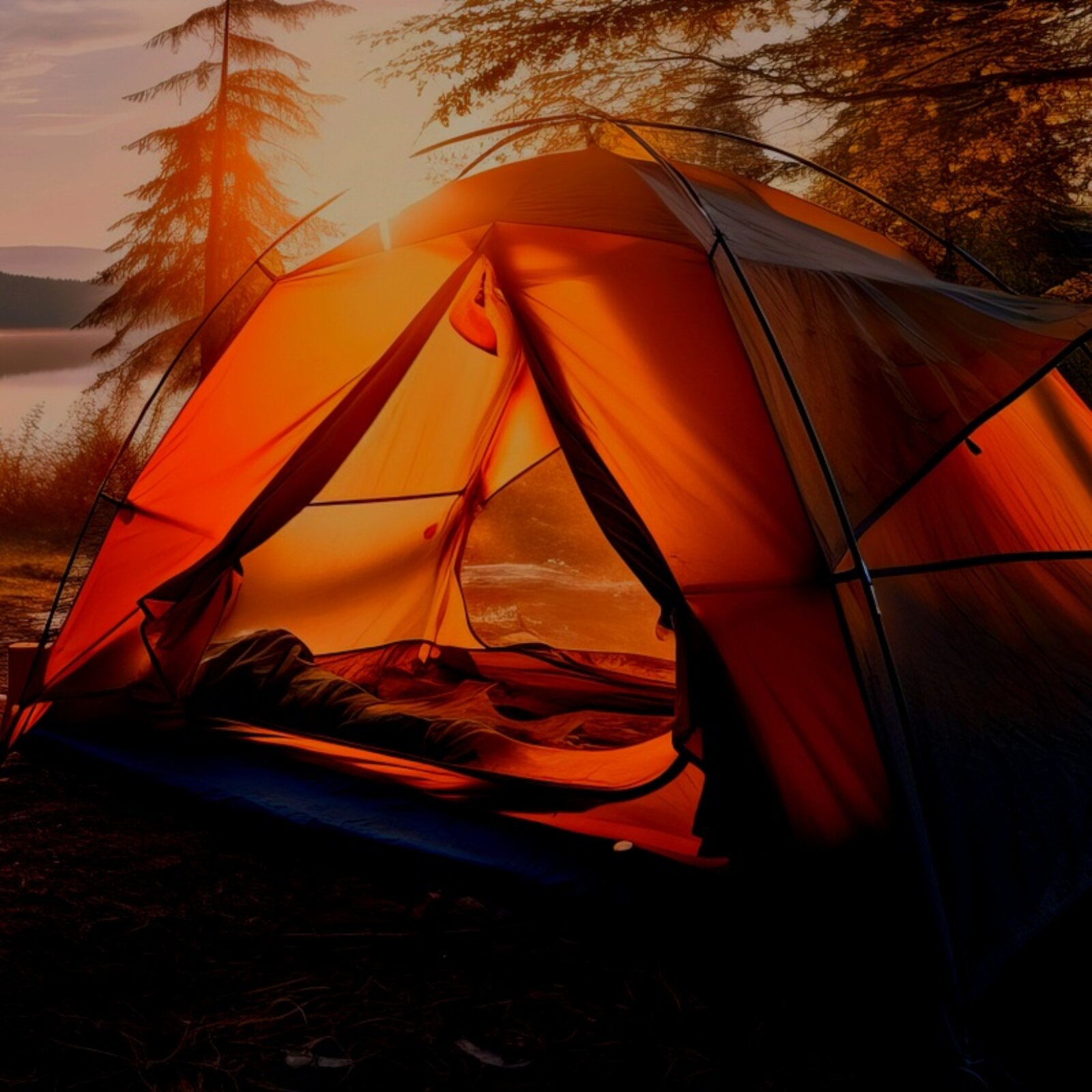 Zdjęcie przedstawia namiot rozłożony na ziemi. W tle są drzewa oraz zbiornik wodny. Z tyłu zdjęcia świeci słońce. Kolory są nasycone, a ciemniejsze partie zdjęcia są niemal czarne.