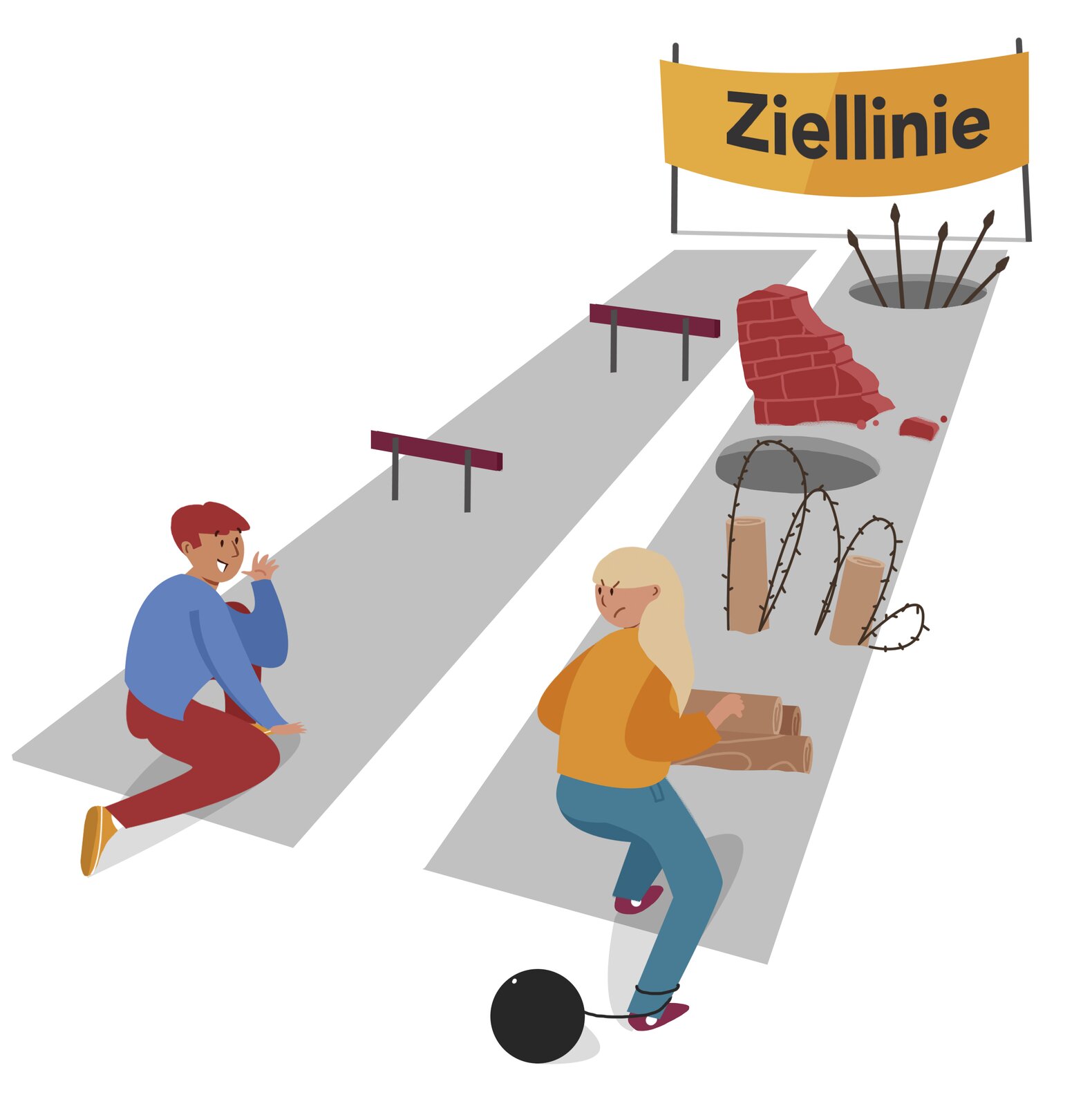Ilustracja przedstawia uśmiechniętego chłopca i niezadowoloną dziewczynę, którzy przygotowują się do startu w biegu przez płotki. W oddali widać metę. Do nogi dziewczyny jest przywiązana kula. Na torze do biegu dziewczyny znajdują się przeszkody: leżące przedmioty, dziury, kawałki cegieł. Chłopiec ma na swoim torze płotki bez innych przeszkód.