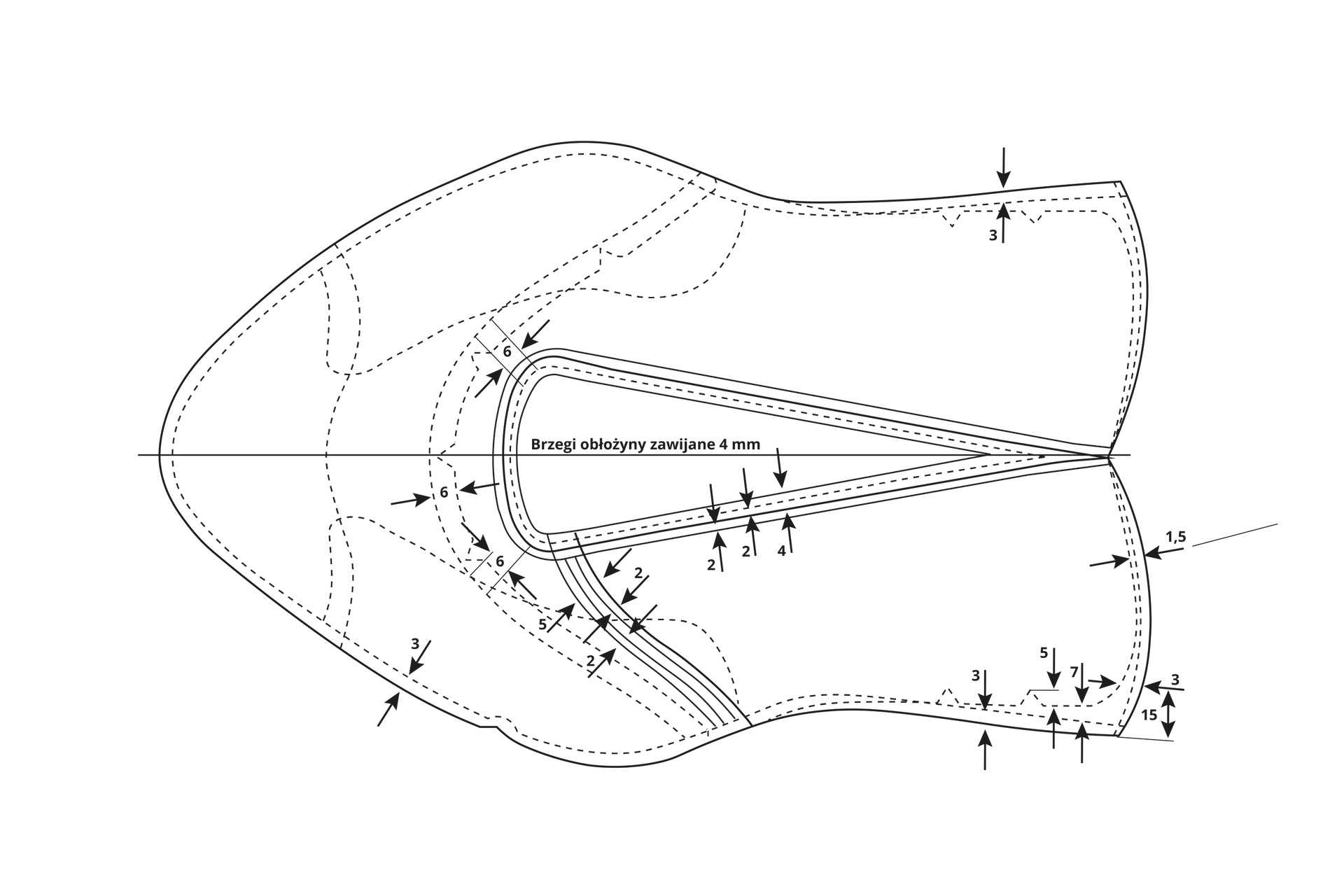 Grafika przedstawia schemat podszewki składający się z dwóch symetrycznie ułożonych, nieregularnych kształtów. Na schemacie znajdują się liczne linie, strzałki i zaznaczone numery, a także informacja "brzegi obłożyny zawijane 4 milimetry".