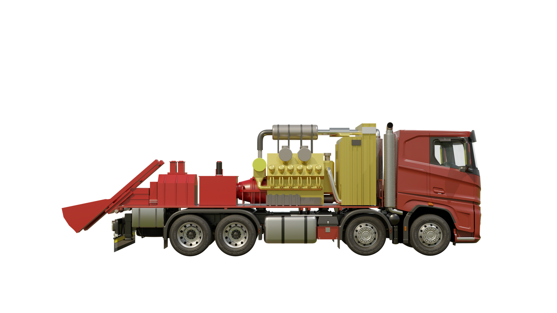 Na zdjęciu widać animowaną piaskomieszałkę na podwoziu ciągnika siodłowego. Centralnym elementem zdjęcia jest żółty element zamontowany na podwoziu ciągnika siodłowego za czerwona kabiną kierowcy. Element przypomina duży silnik. Za elementem znajdują się dwa czerwone sześcienne zbiorniki. Na końcu drugiego znajduje się urządzenie przypominające łyżkę ładowarki.