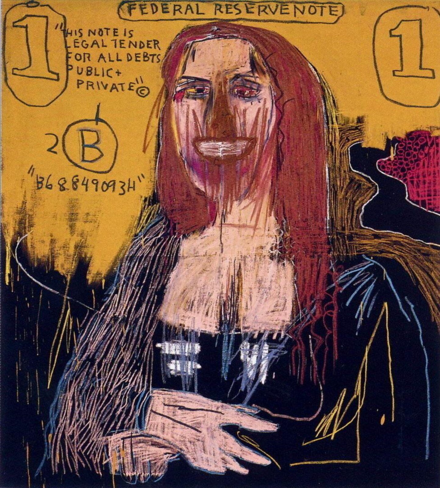 Ilustracja przedstawia karykaturę obrazu Leonardo da Vinci [czytaj: leonardo da winczi] pod tytułem „Mona Lisa” [czytaj: mona liza]. Na ilustracji znajduje się kobieta namalowana w bardzo niestaranny sposób. Twarz kobiety zamazana jest czerwonym kolorem. Kobieta ubrana jest w granatową suknię. Tło obrazu w górnej części jest pomarańczowe a w dolnej granatowe. Na pomarańczowej części znajdują się napisy oraz liczby. 