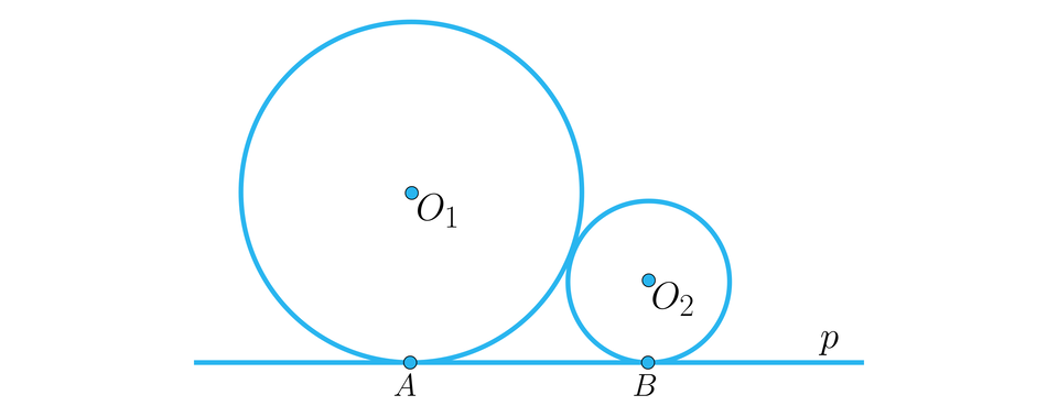 Rysunek przestawia poziomą prostą p, na której oparto dwa okręgi: lewy większy o środku w punkcie O indeks dolny, jeden, koniec indeksu dolnego, którego punkt styczności z prostą to punkt A oraz lewy, mniejszy okrąg o środku w punkcie O indeks dolny, dwa, koniec indeksu dolnego, którego punkt styczności z prostą to punkt B.