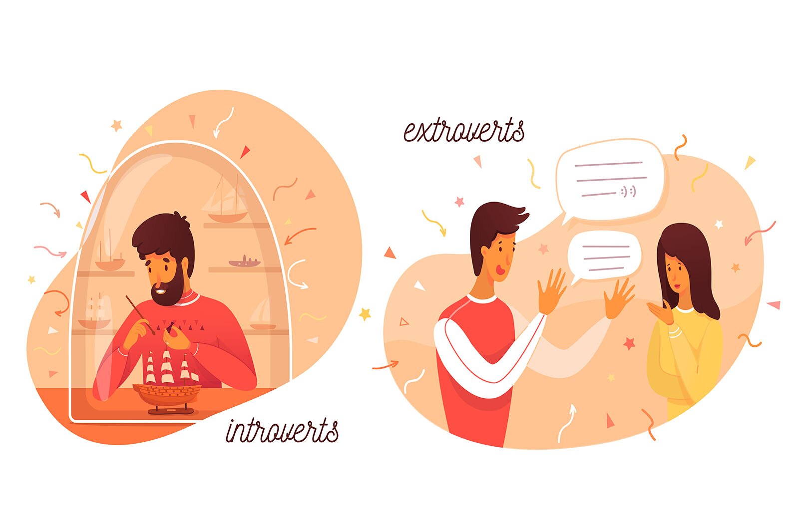 Ilustracja składa się z dwóch grafik.  Na grafice po lewej stronie widoczny jest mężczyzna siedzący przy biurku, na którym stoi model statku. Trzyma w prawej ręce pędzelek i skupia się na pracy. Mężczyzna wraz z modelem statku jest przykryty przezroczystą kopułą. Pod grafiką widoczny jest napis w języku angielskim: introverts. Na grafice po prawej stronie widoczni są mężczyzna (po lewej) i kobieta (po prawej). Osoby są zwrócone do siebie, mają uniesione ręce i gestykulują. Między nimi widoczne są dymki symbolizujące rozmowę. Nad grafiką widoczny jest napis w języku angielskim: extroverts.