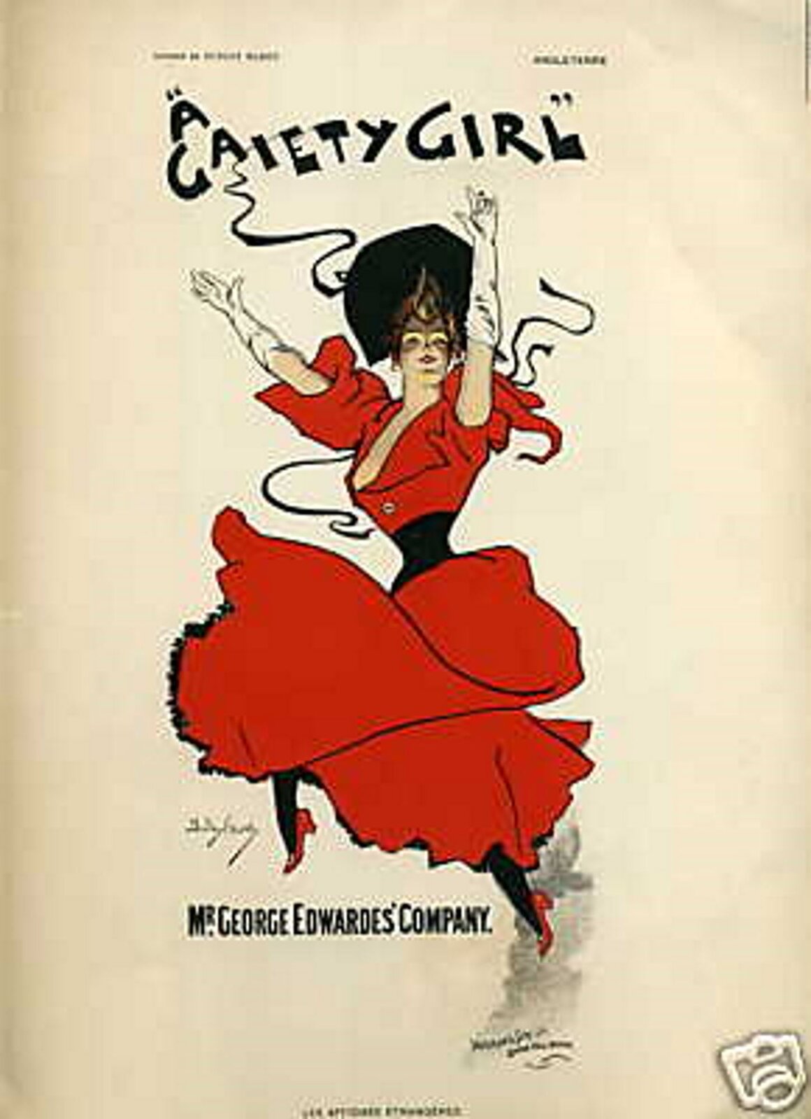 Ilustracja przedstawia plakat promujący musical „A Gaiety Girl” z 1893 roku. Na plakacie zaprezentowano tancerkę w długie, czerwonej sukni oraz czerwonymi lakierkami. Kobieta ma ubrane białe, długie rękawiczki, natomiast na głowie ma czarny kapelusz.