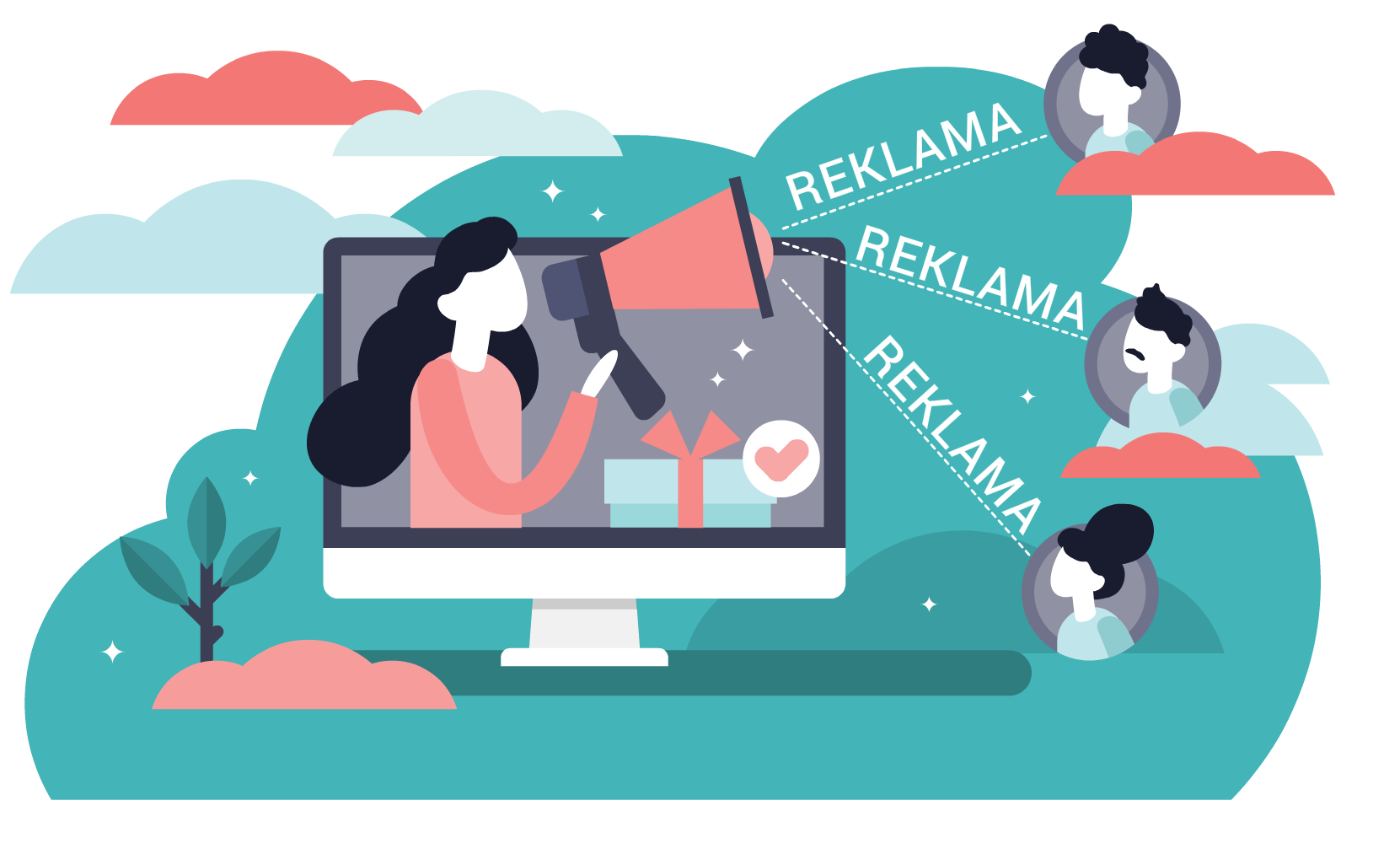 Ilustracja przedstawia na pierwszym planie kobietę trzymającą w dłoni megafon, która wystaje z ekranu telewizora. Z megafonu wydobywają się trzy takie same słowa w formie napisów: "REKLAMA" i trafiają do odbiorców: chłopca, mężczyzny i kobiety.