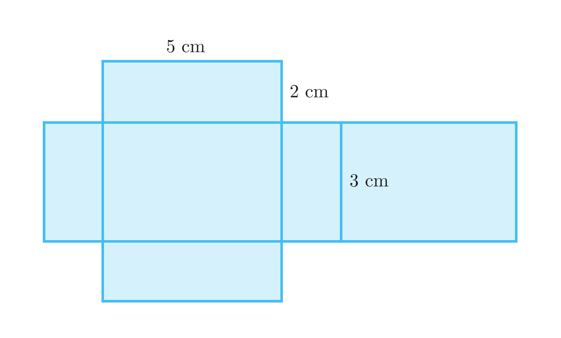 Na ilustracji przedstawiono siatkę prostopadłościanu składającą się z dwóch prostokątów o wymiarach 2 centymetry na 5 centymetrów, dwóch prostokątów o wymiarach 2 centymetry na 3 centymetry, oraz dwóch prostokątów o wymiarach 3 centymetry na 5 centymetrów