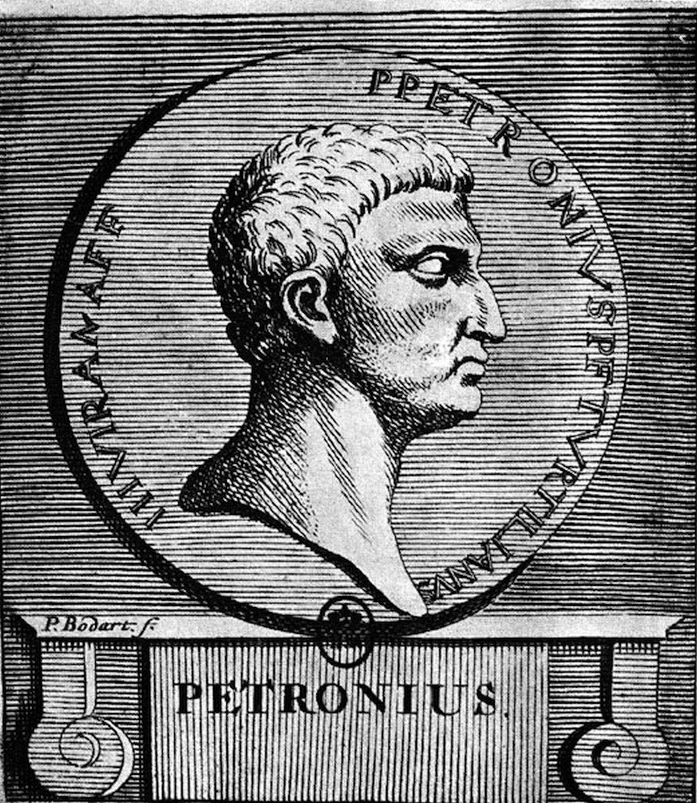 Ilustracja przedstawia czarnobiałą rycinę z profilem Gajusza Petroniusza Arbitra, umieszczona na monecie. Mężczyzna ma krótkie włosy, orli nos i niewielkie usta. Wokół monety widnieje łaciński napis, a pod wizerunkiem podpis PETRONIUS