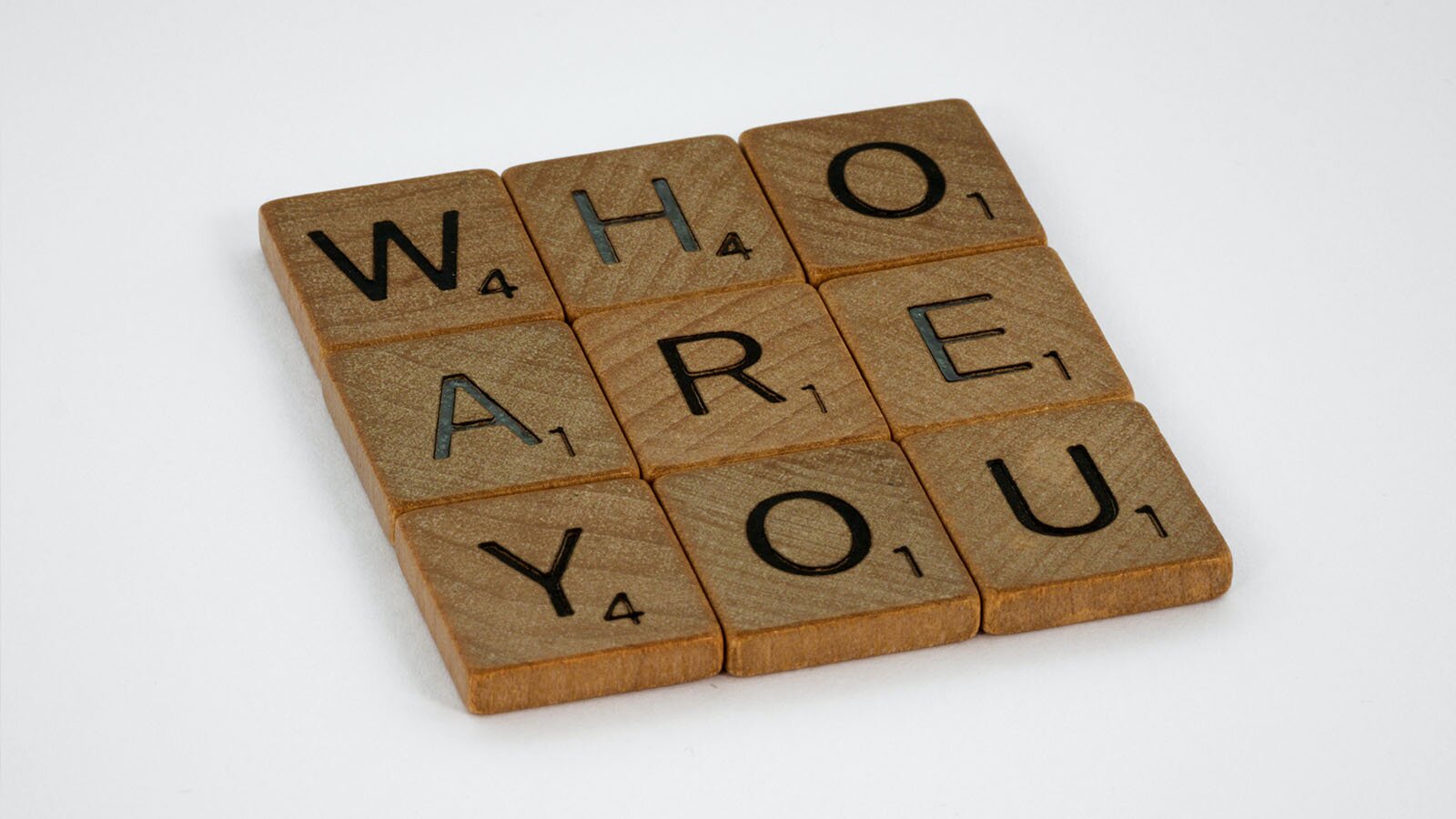 Zdjęcie przedstawia drewniane klocki z wygrawerowanymi literkami, z których ułożono wyrażenie w języku angielskim: WHO ARE YOU. 