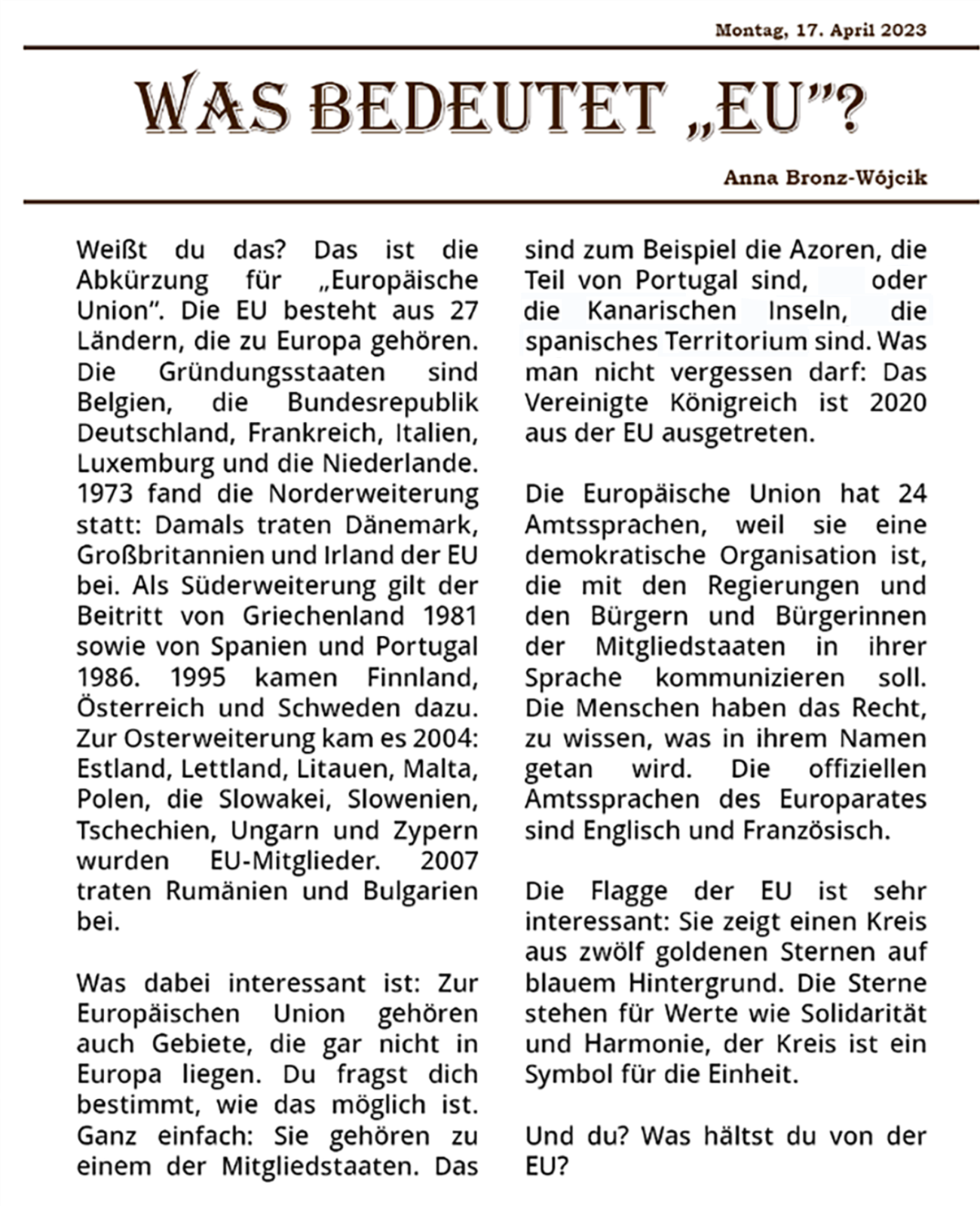 Ilustracja przedstawia stronę z gazety. Transkrypcja jest dostępna poniżej.