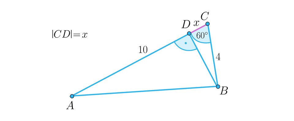 Rysunek przedstawia trójkąt o wierzchołkach: A, B oraz C. Długość odcinka BC to 4, Długość odcinka AC to 10, Kąt między odcinkiem BC i AC wynosi 60 stopni. Z wierzchołka B poprowadzona została linia pod kątem prostym do odcinka AC. Punkt przecięcia tej linii z odcinkiem AC zaznaczono literą D. Odcinek C,D oznaczono literą x. 