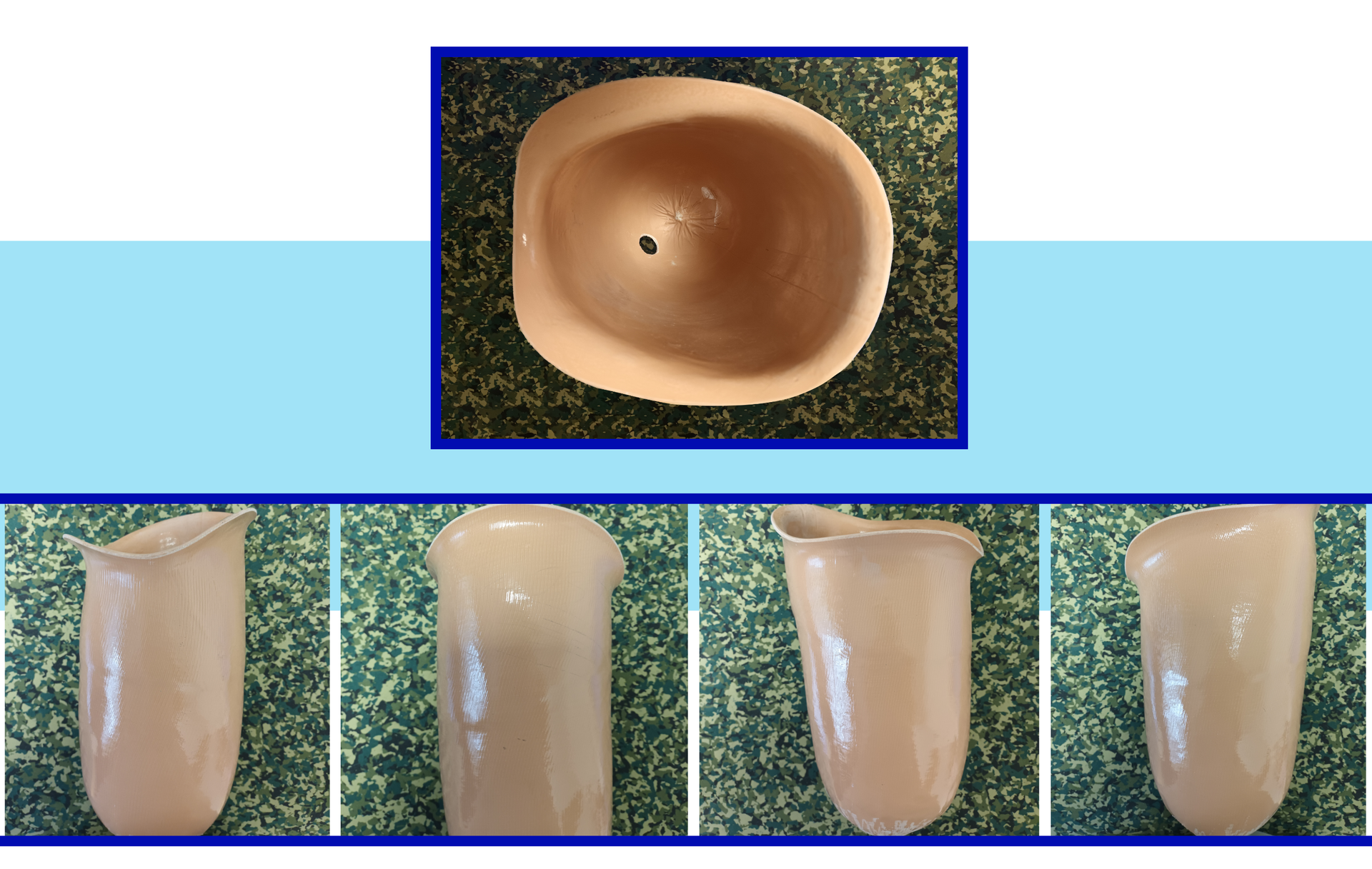 Zdjęcia leja czworobocznego w widoku z boków i z góry. Lej jest wykonany z tworzywa sztucznego, z nieprzejrzystego materiału średniej grubości.