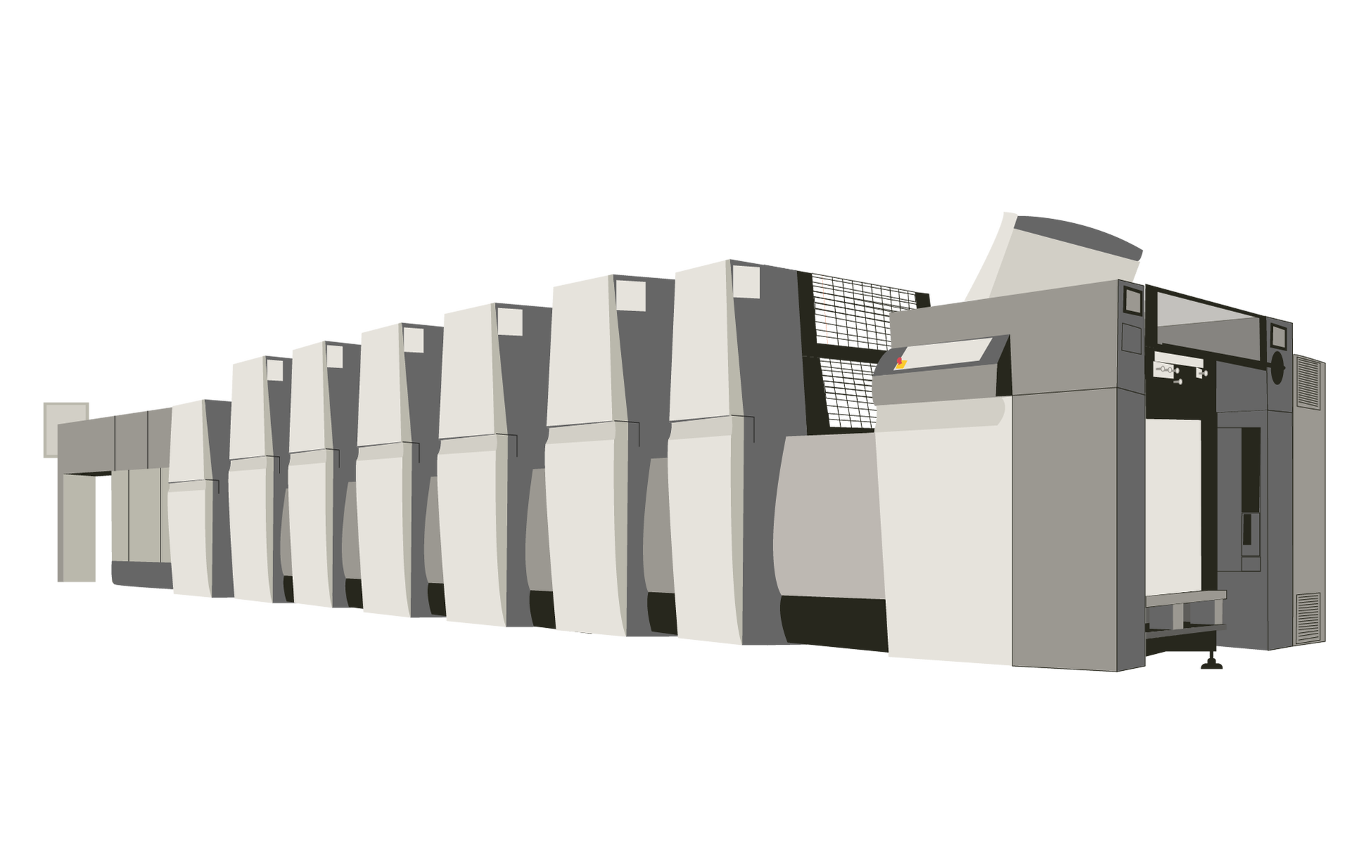 Grafika przedstawia poglądowo arkuszową maszynę offsetową w ujęciu z ukosa. Maszyna ma układ szeregowy, jest zbudowana z sześciu zespołów drukująco‑farbowych. Na przodzie maszyny widoczny jest samonakładak ze stołem podającym, u góry którego znajduje się panel sterujący maszyną.