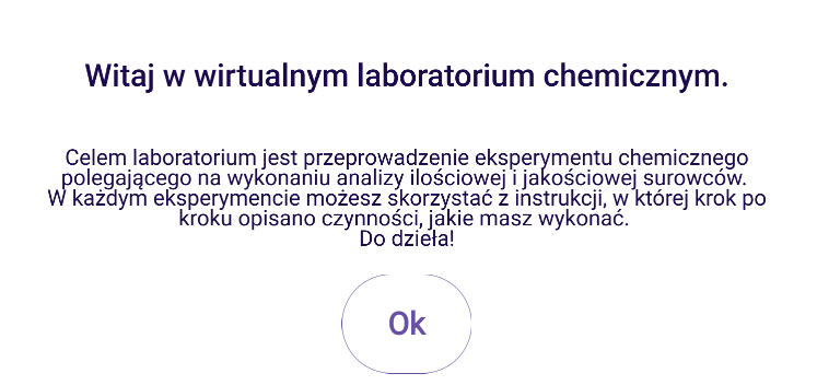 Ilustracja przedstawia planszę powitalną wirtualnego laboratorium. Znajduje się tu informacja powitalna i przycisk Ok.