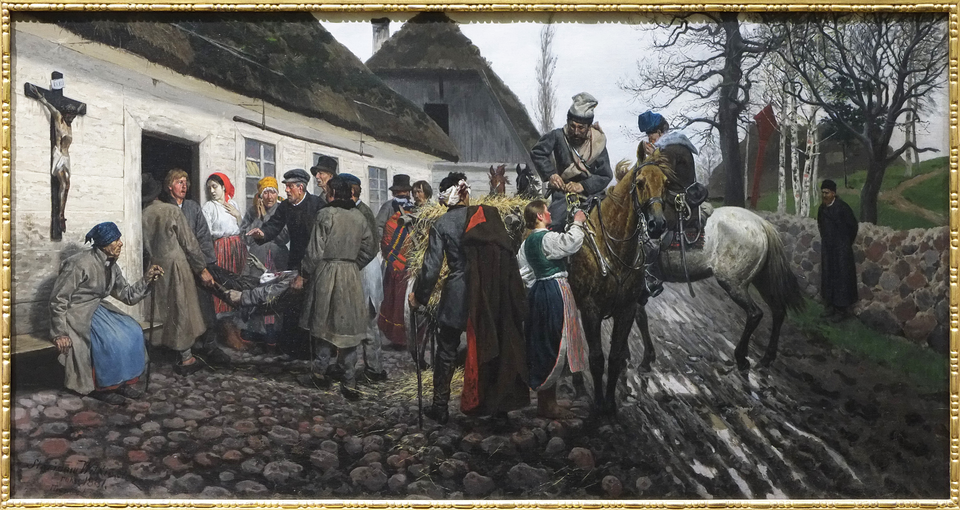 Obraz przedstawia grupę dziewiętnastowiecznych chłopów stojących przy wiejskiej chałupie. Czterech chłopów niesie do chałupy, na płachcie materiału, rannego powstańca. Przyglądają się temu inni chłopi. W pobliżu chałupy widać także dwóch powstańców na koniach, przy których stoi młoda chłopka. Jest także ranny powstaniec, z owiniętą bandażem głową, który także zmierza do chałupy.