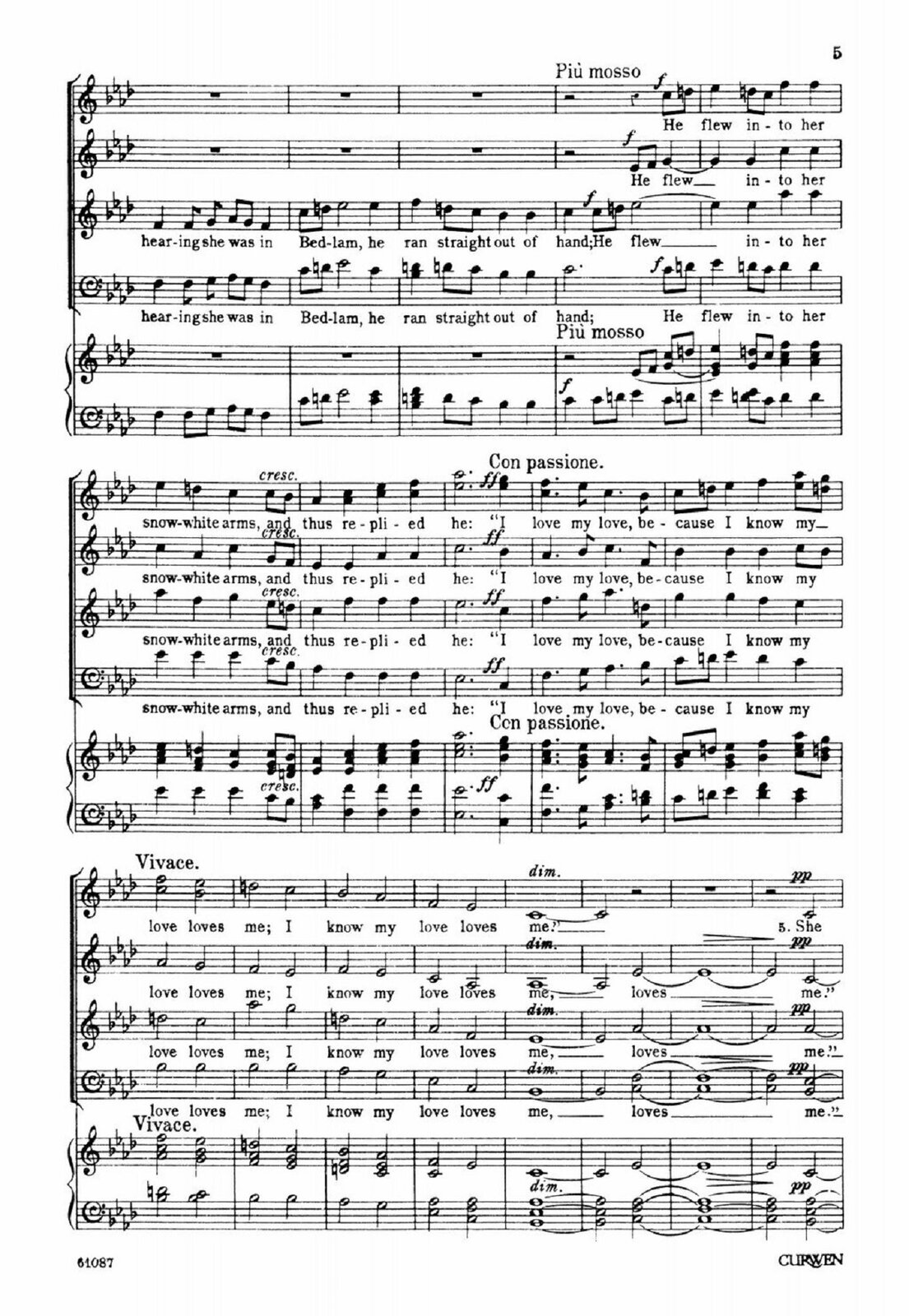 Ilustracja przedstawia: zapis nutowy składający się z pięciolinii, na których umieszczone są zapisy określonych znaków muzycznych utworu Gustav Holst, „I love my love”.
