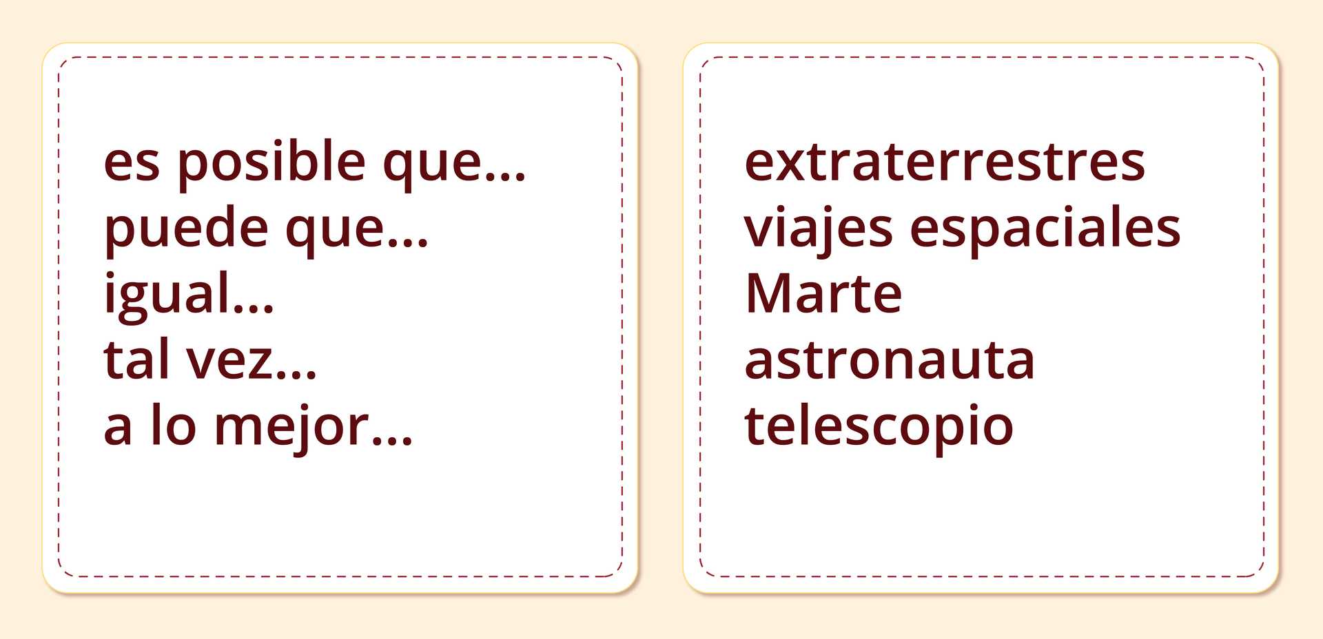 Grafika przedstawia wyrażenia ujęte w dwóch kolumnach. Pierwsza: es posible que…, puede que…, igual…, tal vez…, a lo mejor… Druga: extraterrestres, viajes espaciales, Marte, astronauta, telescopio.