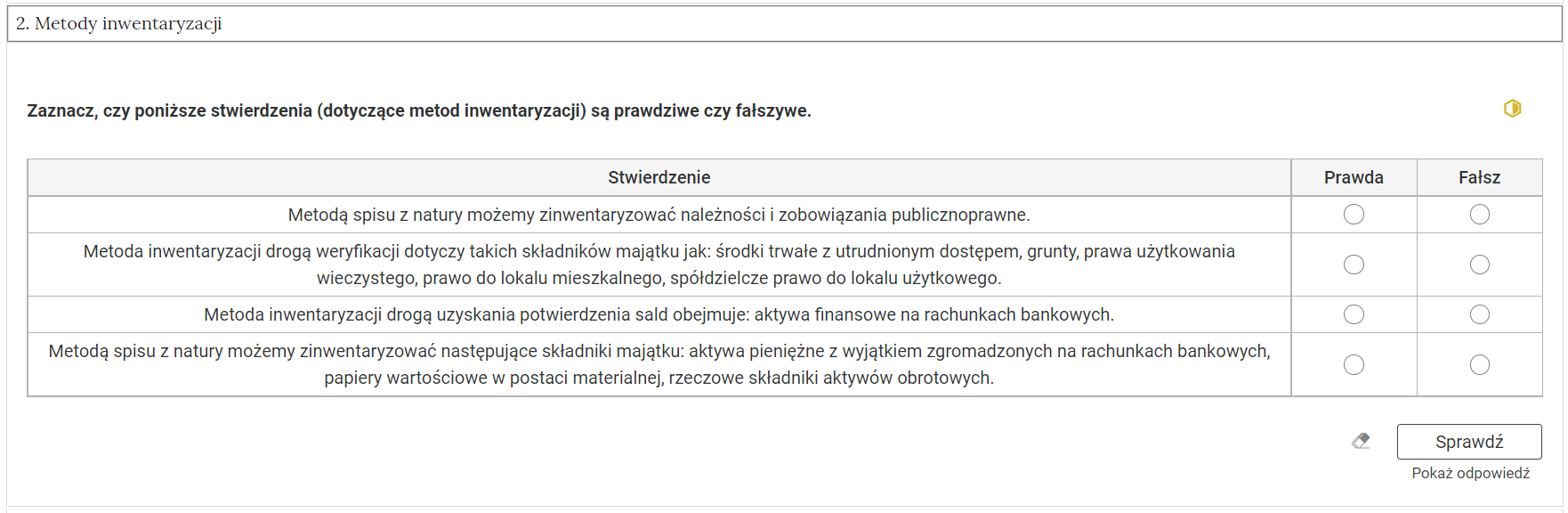 Widok na przykładowe ćwiczenie. W górnej części grafiki zakładka z nazwą kategorii. Poniżej polecenie. Po prawej stronie polecenia znajduje się kolorowy symbol, odzwierciedlający trudność zadania. Pod poleceniem treść zadania. Poniżej ikona gumki do usuwania odpowiedzi, przycisk “Sprawdź” oraz przycisk “Pokaż odpowiedź”.