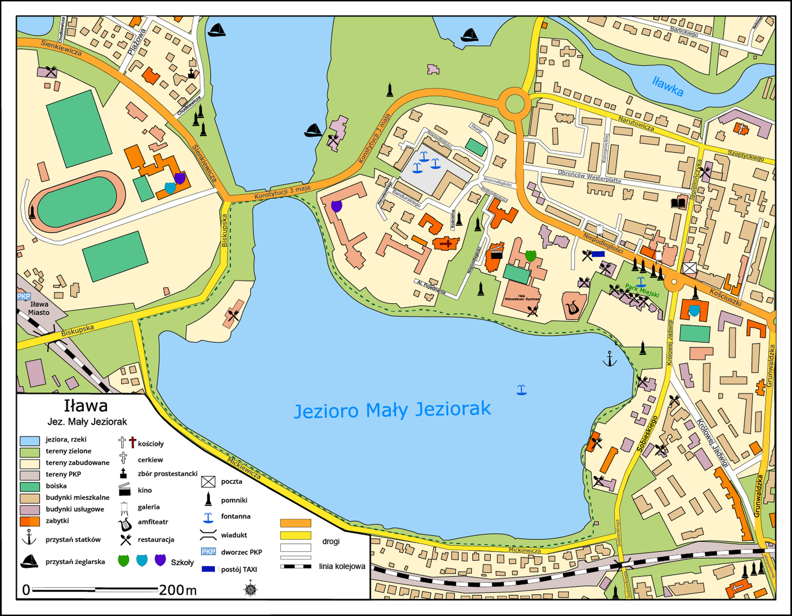Plan Małego Jezioraka w Iławie. W centralnej części Jezioro Mały Jeziorak. Wokół niego pasmo zieleni. Na północ od jeziora i wschód zabudowa miejska. U dołu tory kolejowe.