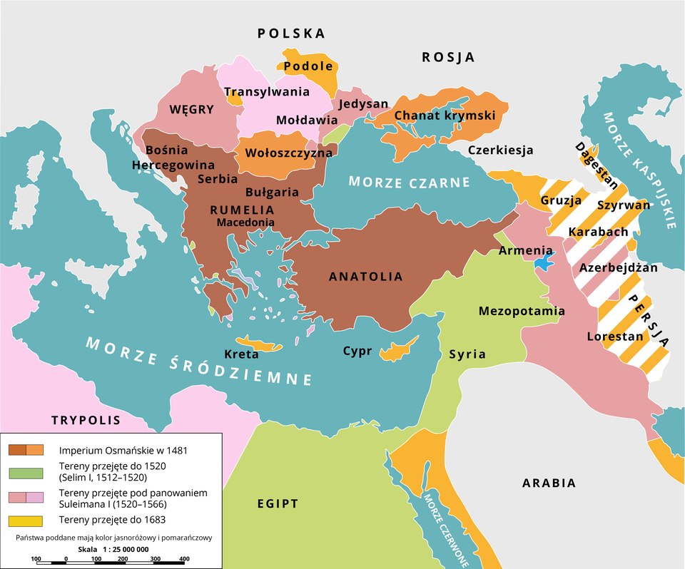 Mapa prezentująca środkowo‑południową Europę. Zaznaczone są na niej obszary należące do Imperium Osmańskiego 2 1481 roku: Bośnia, Hercegowina, Bułgaria, Rumelia, Macedonia, Anatolia, Chanat krymski. Wołoszczyznę. Tereny przejęte przez Turków do 1520 (przez Selima I (1512‑1520): Mezopotamia, Syria, Egipt. Tereny przejęte przed panowaniem Sulejmana I (1520‑1566): Węgry, Transylwanię, Mołdawię, Jedystan, Armenię. A także tereny przejęte do 1683 roku: Podole, Kretę i częściowo Gruzję, Karabach, Dagestan, Szyrwan, Persję, Lorestan.