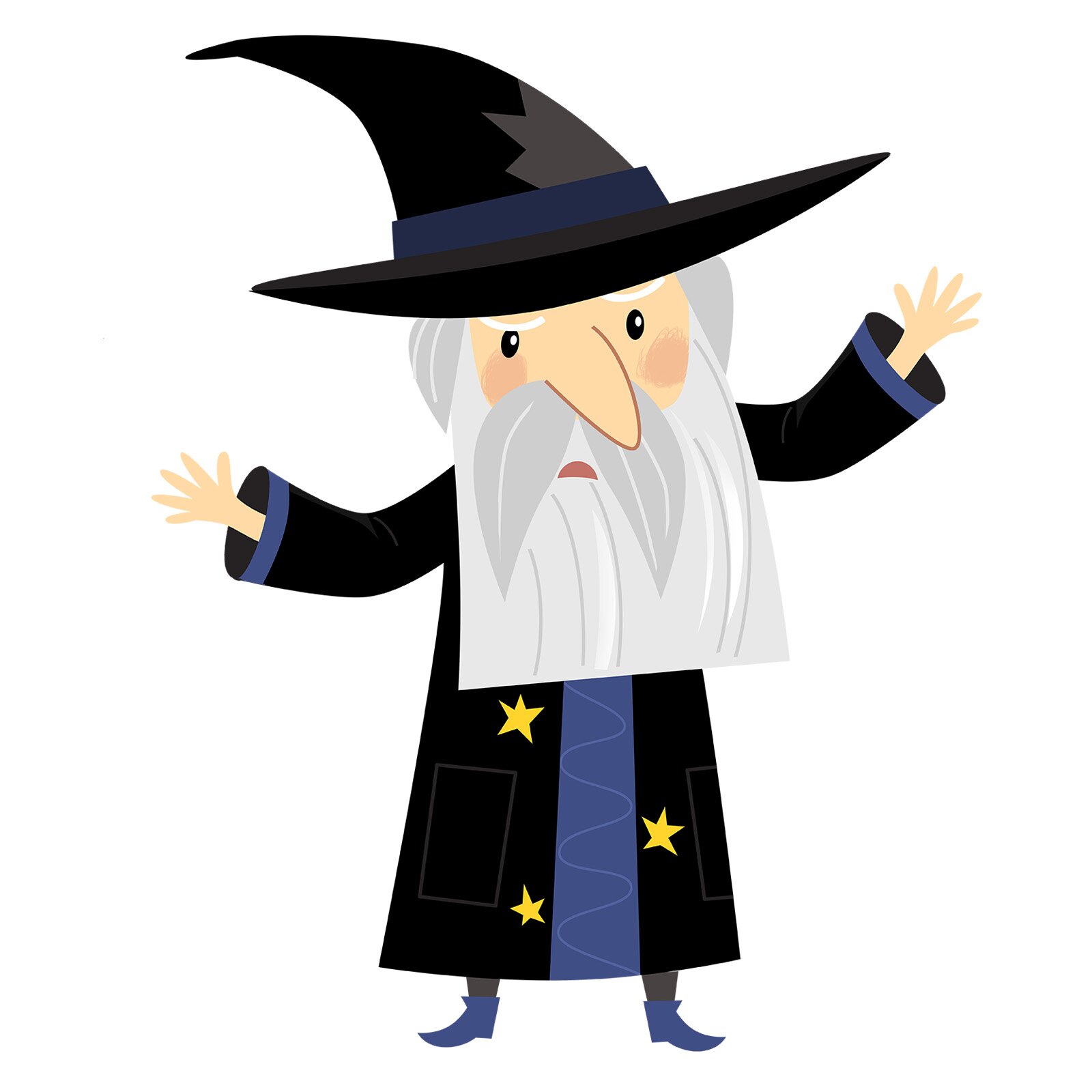 Ilustracja przedstawia czarnoksiężnika w czarnej szacie w gwiazdy i w szpiczastym kapeluszu. Czarodziej ma długą brodę i wąsy.