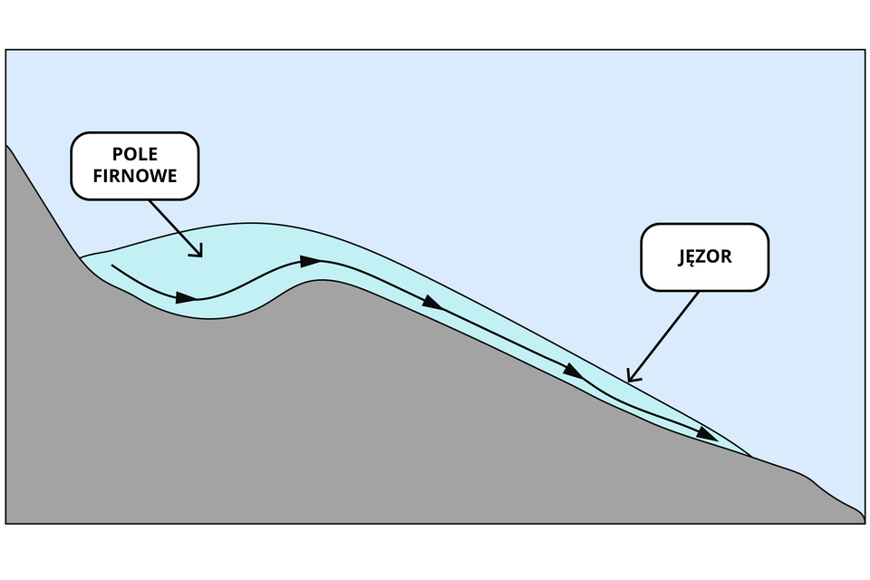 Widoczny jest schemat budowy lodowca górskiego. Lodowiec zaczyna się w miejscu wgłębienia, gdzie znajduje się grubsza warstwa lodu podpisana jako pole firnowe. Następnie w miejscu gdzie występuje spadek lód staje się bardziej cienki - to jęzor lodowca. Lodowiec kończy się w dolnej części stoku.