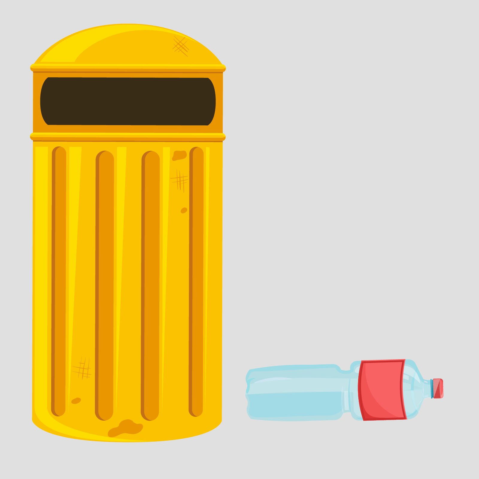 Ilustracja ukazuje żółty kosz na śmieci a obok leży plastikowa butelka po wodzie. 
