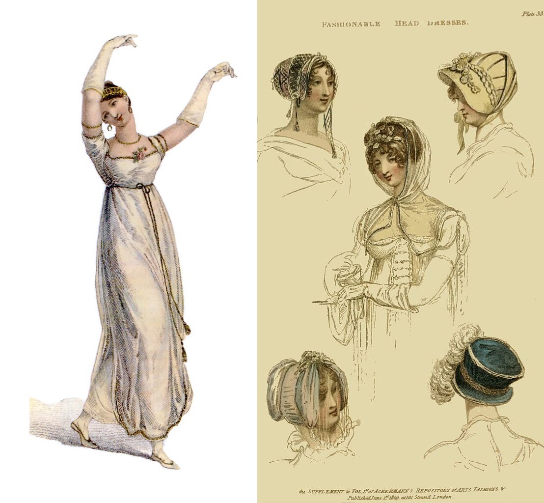 Ilustracja składa się z dwóch części. Z prawej strony znajduje się rysunek tańczącej kobiety w białej sukni. Ma ona ciemne związane włosy, dużo biżuterii i długie białe rękawiczki. Z lewej strony znajduje się kartka na której naszkicowano kobietę z różnych stron z różnymi nakryciami głowy i elementami ubioru.