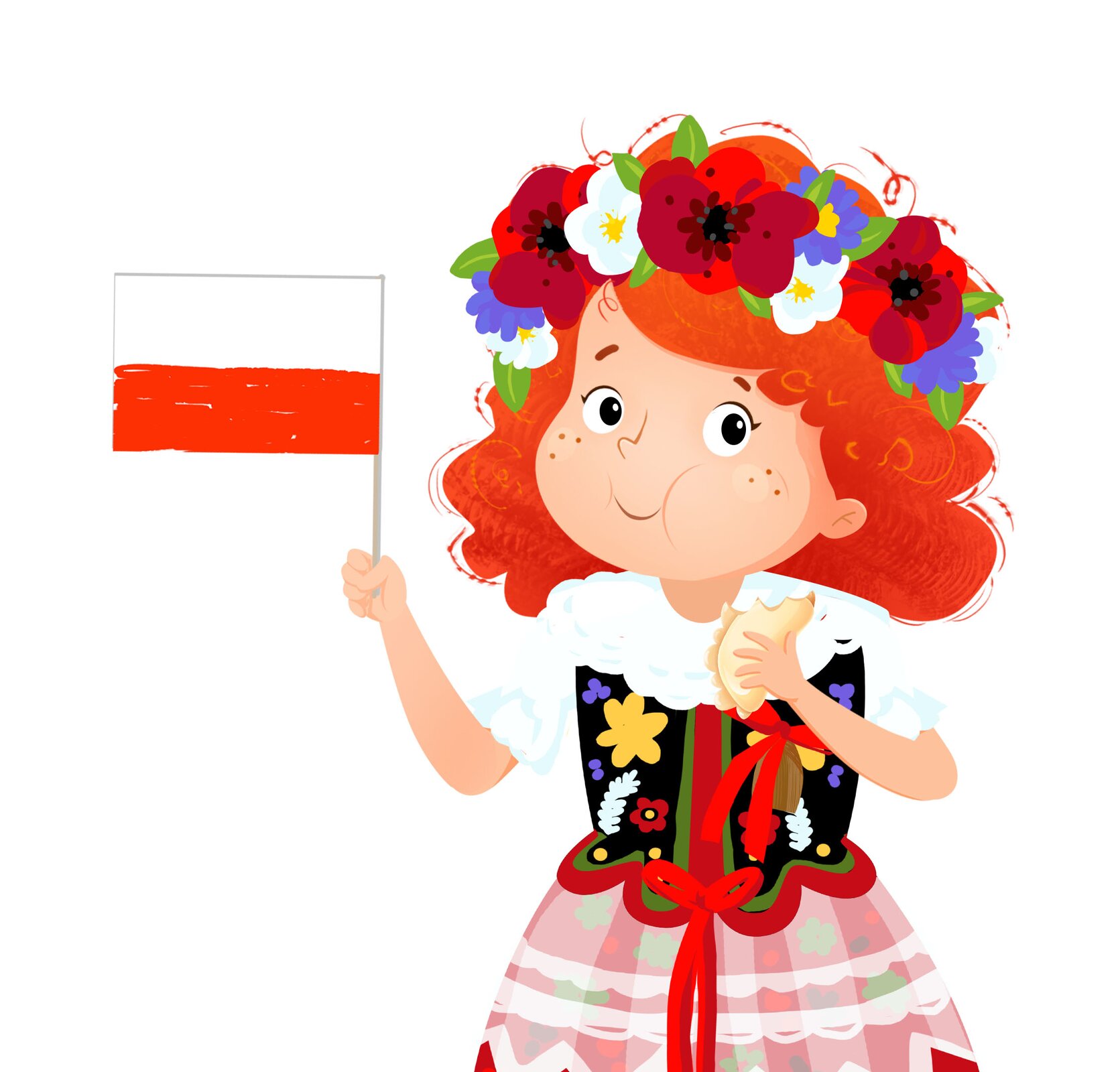 Ilustracja przedstawia Linę w krakowskim stroju ludowym. Lina trzyma w prawej ręce polską flagę, w lewej kawałek pieroga. Lina ma buzię wypchaną jedzeniem, usta są zamknięte.